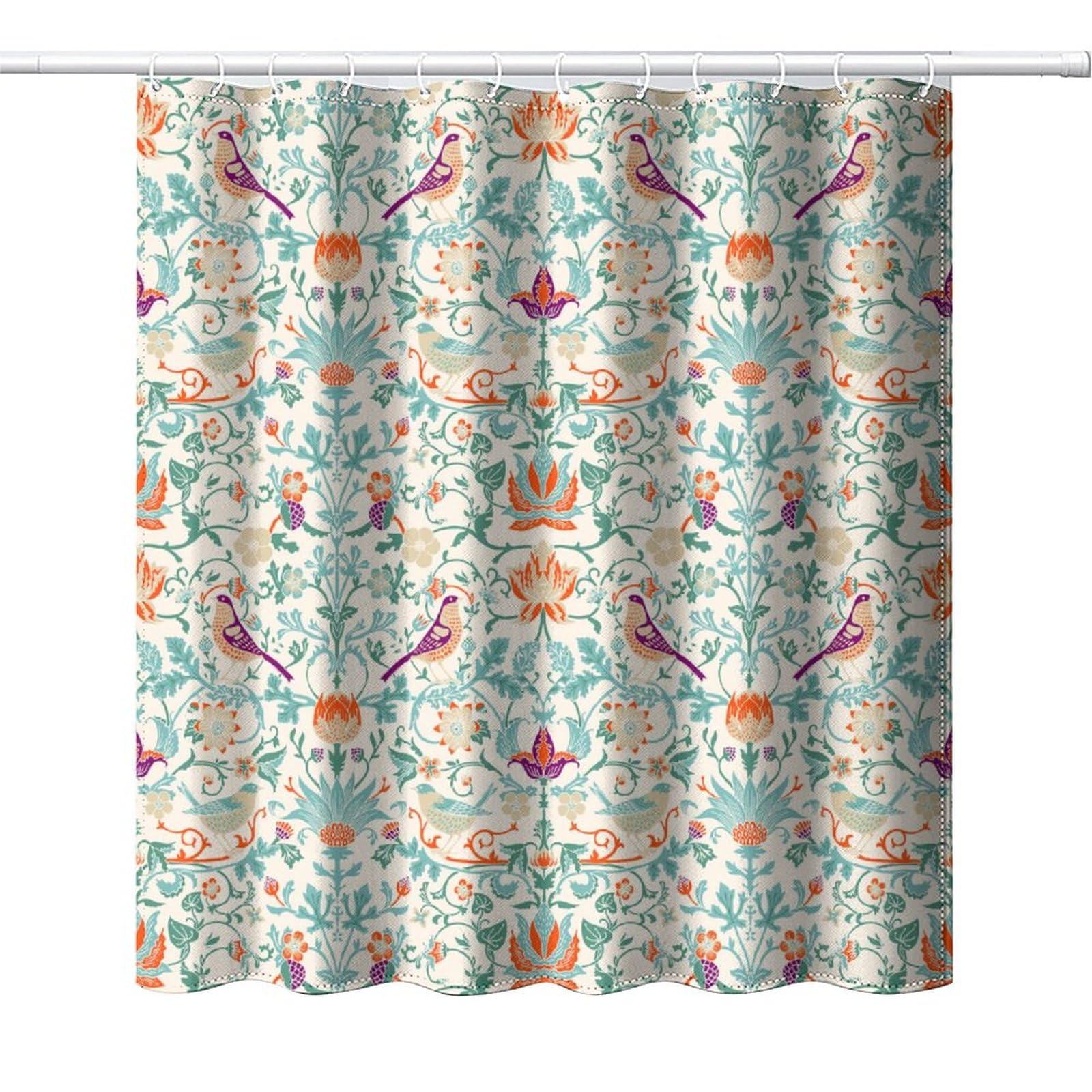 DDCBNS William Morris Floral Shower Curtain,Mid Century Vintage Flower Birds Green Plant Abstract Art Print Shower Curtain for Bathroom Decor Fabric Waterproof Upholstery Hook 72x78in