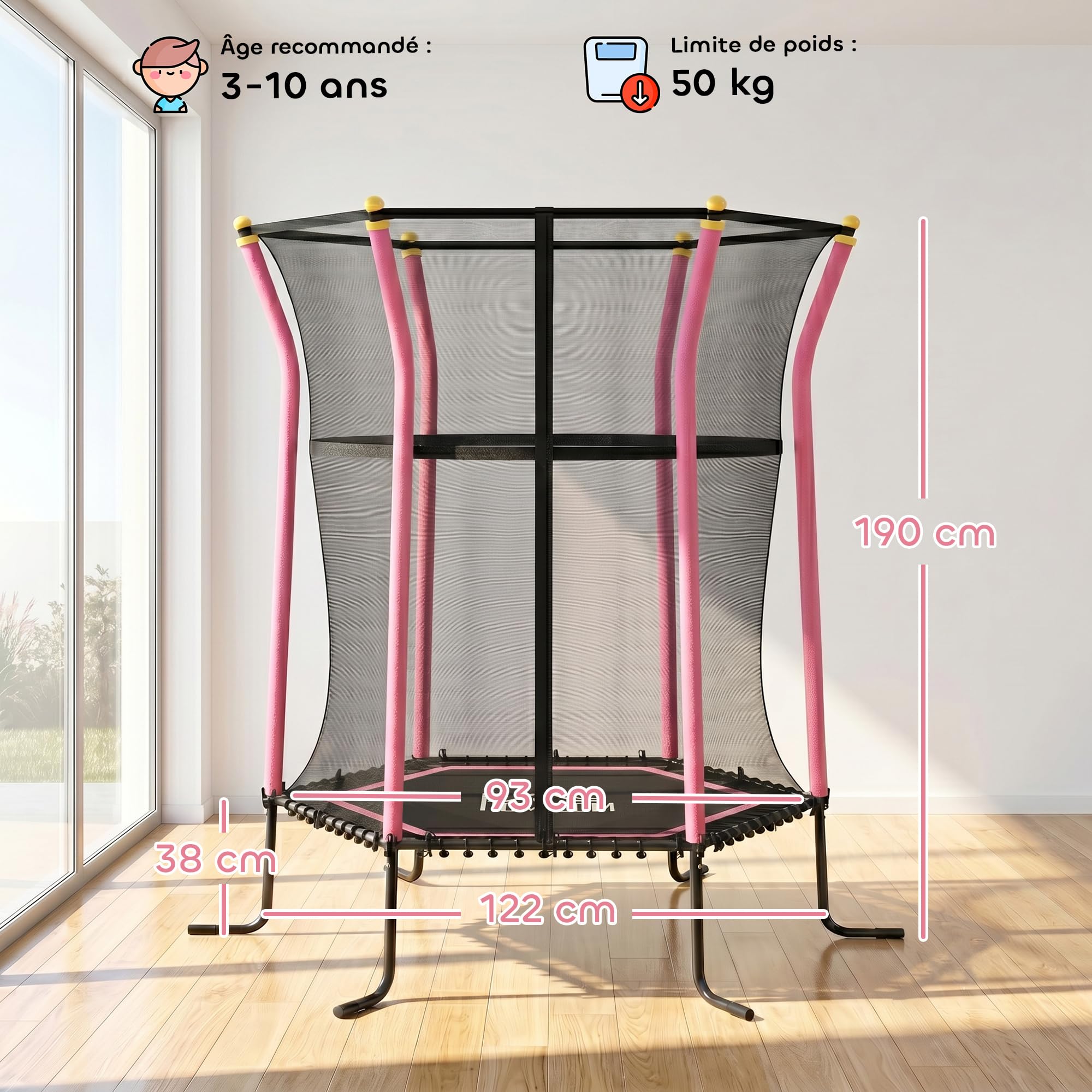 HOMCOM Trampoline pour Enfant 1,22 x 1,11 x 1,9 m Filet de sécurité Porte zippée 6 poteaux rembourrés Inclus sans Ressort Charge Max. 50 kg