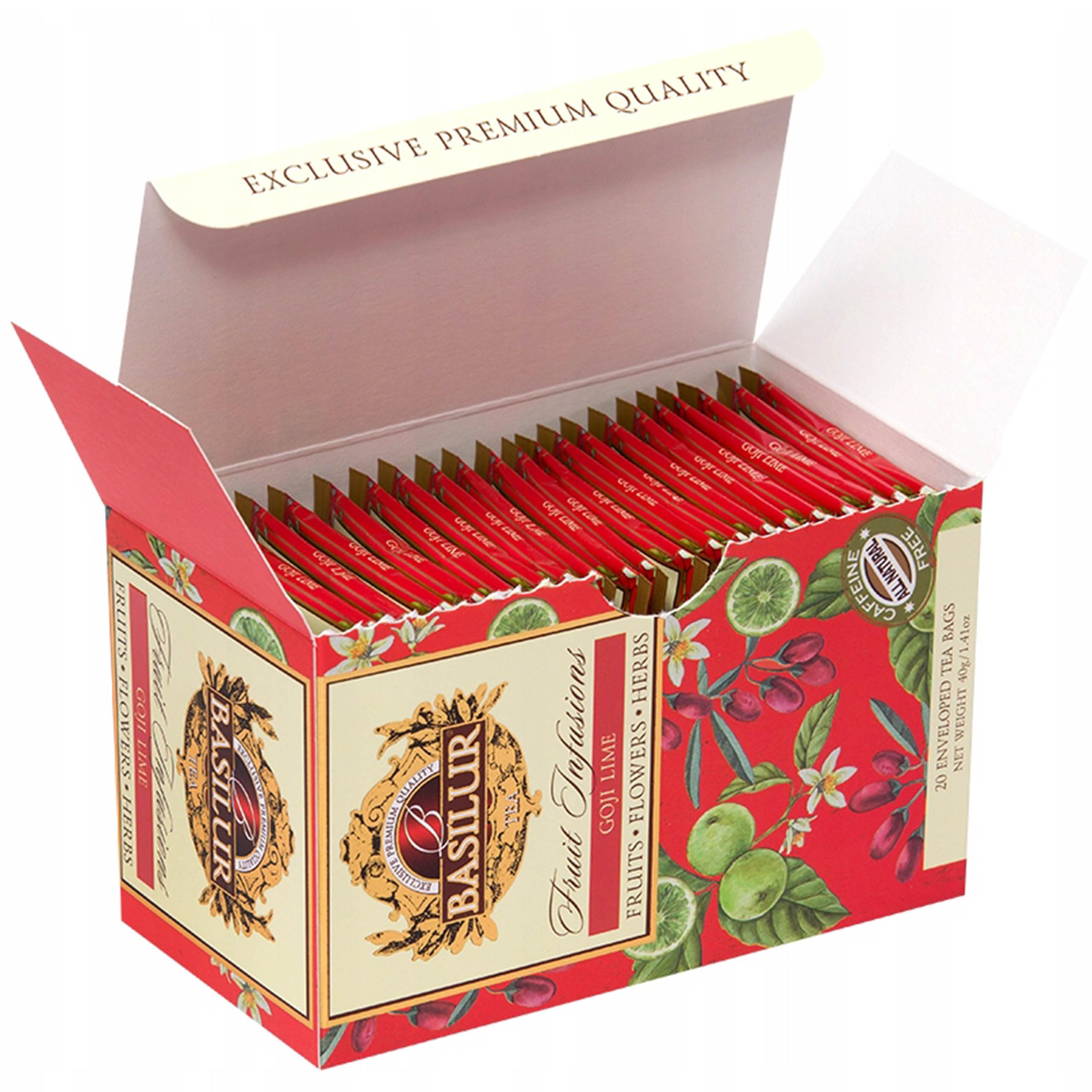 BASILUR Infusiones de Frutas - Té de frutas descafeinado con sabores naturales de goji, lima y cítricos, en bolsitas 20 x 2 g (12)