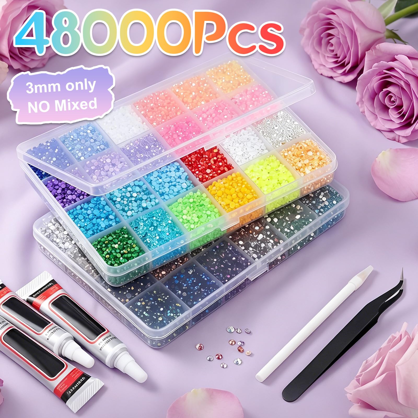 Kit Strass à Coller 48000PCS 48 Couleurs, Bedazzling Kit avec Colle Stylo et Pince, Strass 3 mm Flatback pour Nail Art, Ongles, Vêtements, Chaussures, Tasses et DIY Décoration