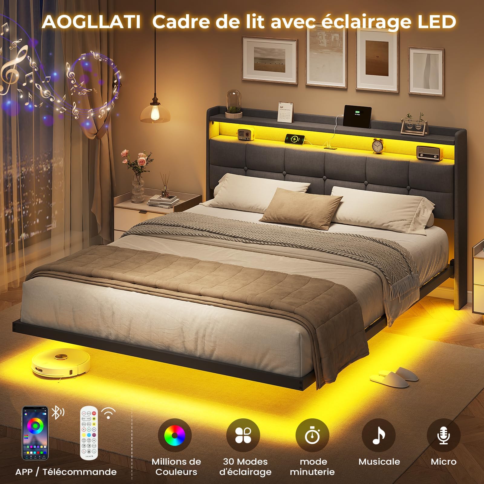 AOGLLATI Letto Matrimoniale 160x200 cm con Effetto Visivo Levitante, Struttura Letto con LED e Stazione di Ricarica, Letto con Testiera Imbottita e Struttura in Metallo, Senza Materasso, Grigio Scuro