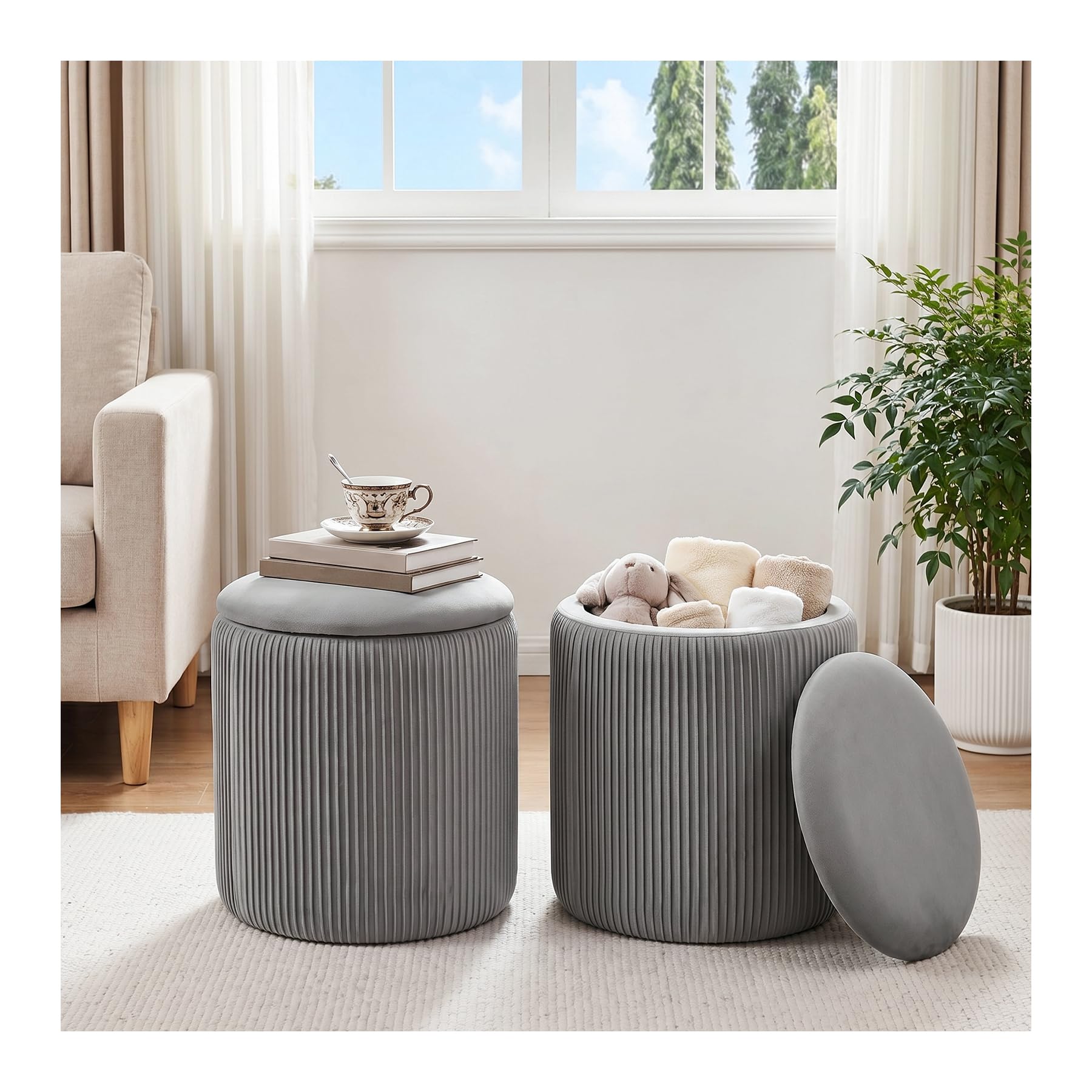 INMOZATA Round Storage Ottoman, Velvet Storage Stool Upholstered Vanity Stool with Removable Lid, 37.5x39.5cm Foot Rest Stool for Living Room Bedroom (Grey)
