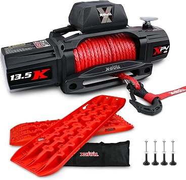 X-BULL 12V Synthetic Rope Winch-13500 lb. Load Capacity Electric Winch Kit Recovery Traction Tracks