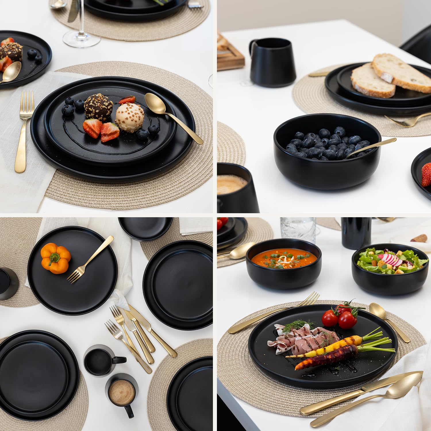 Geschirrset 24 teilig für 6 Personen, Modernes Steingut Tafelservice im Japandi Stil, Schwarzes Geschirr Set mit Tellern, Schalen & Tassen, Teller Steinzeug, Kombiservice 6 Personen & Tafelgeschirr
