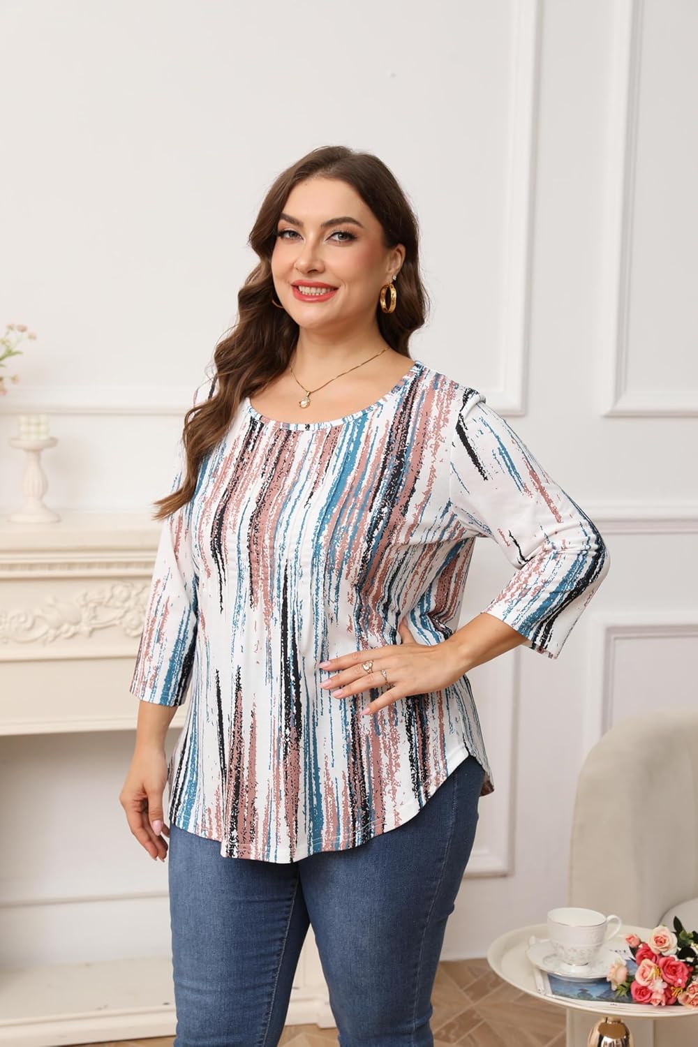 Womens Plus Size 3/4 Length Sleeve Tops Crewneck Pleated Loose Fit Casual Tunic Top Swing Shirts Blouses 1X-5X - Image 5