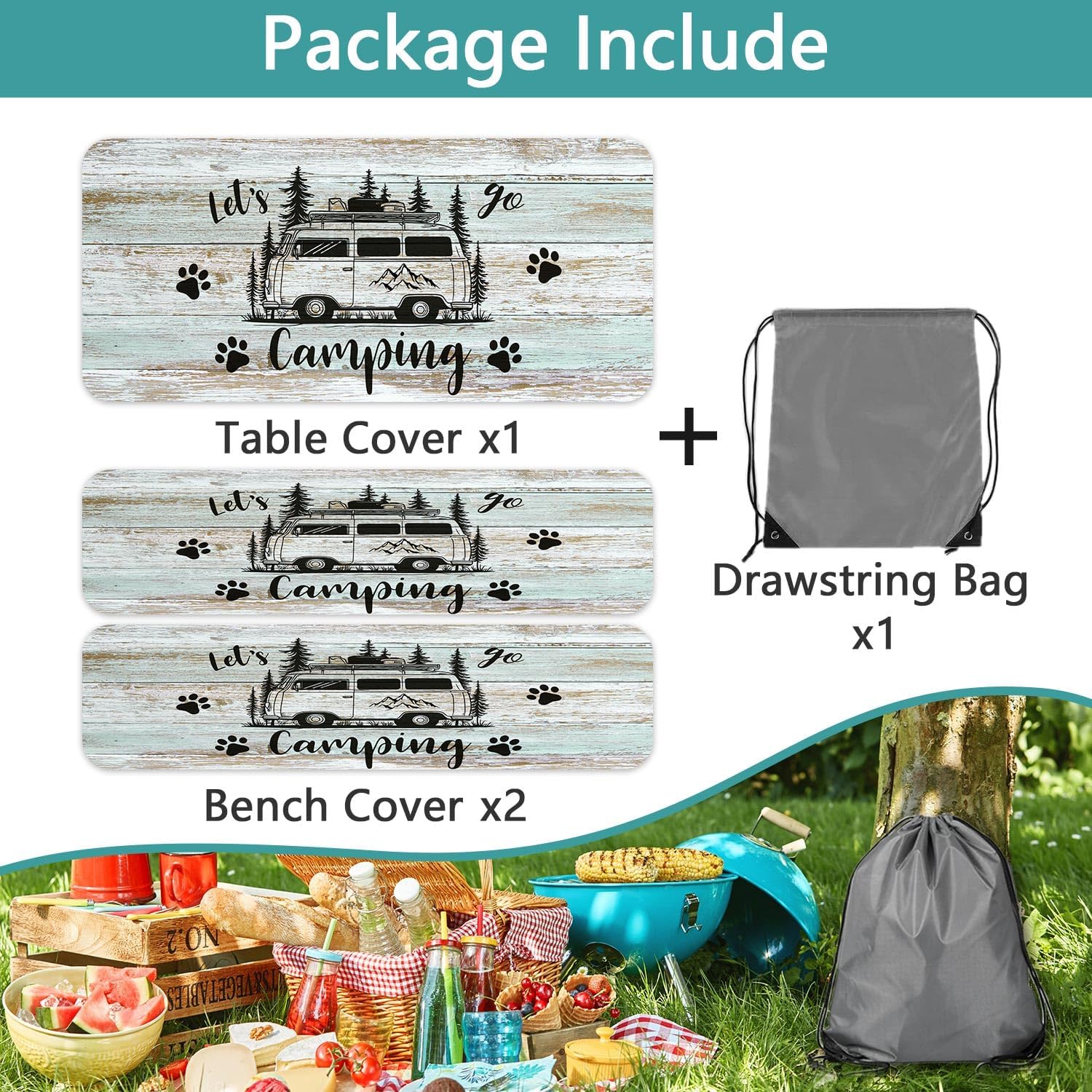 Picnic Table Cover with Bench Covers Elastic Fitted Table Cover Waterproof Windproof Camping Essentials Camper Van Tablecloth with Drawstring Bag for Outdoor Camping 30"x72"in