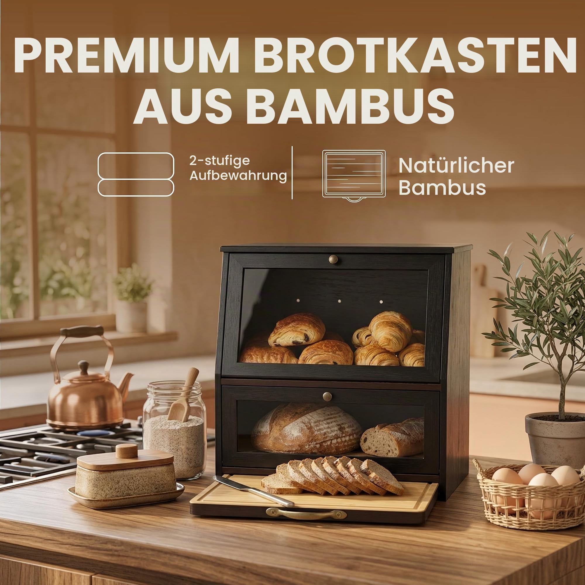 Brotkasten Holz im Vintage Landhaus-Stil – Große Brotaufbewahrungsbox mit 2 Etagen & Integriertem Schneidebrett – XXL Brotaufbewahrung Schwarz aus Bambus – Traditioneller Brotbehälter Frischhaltend