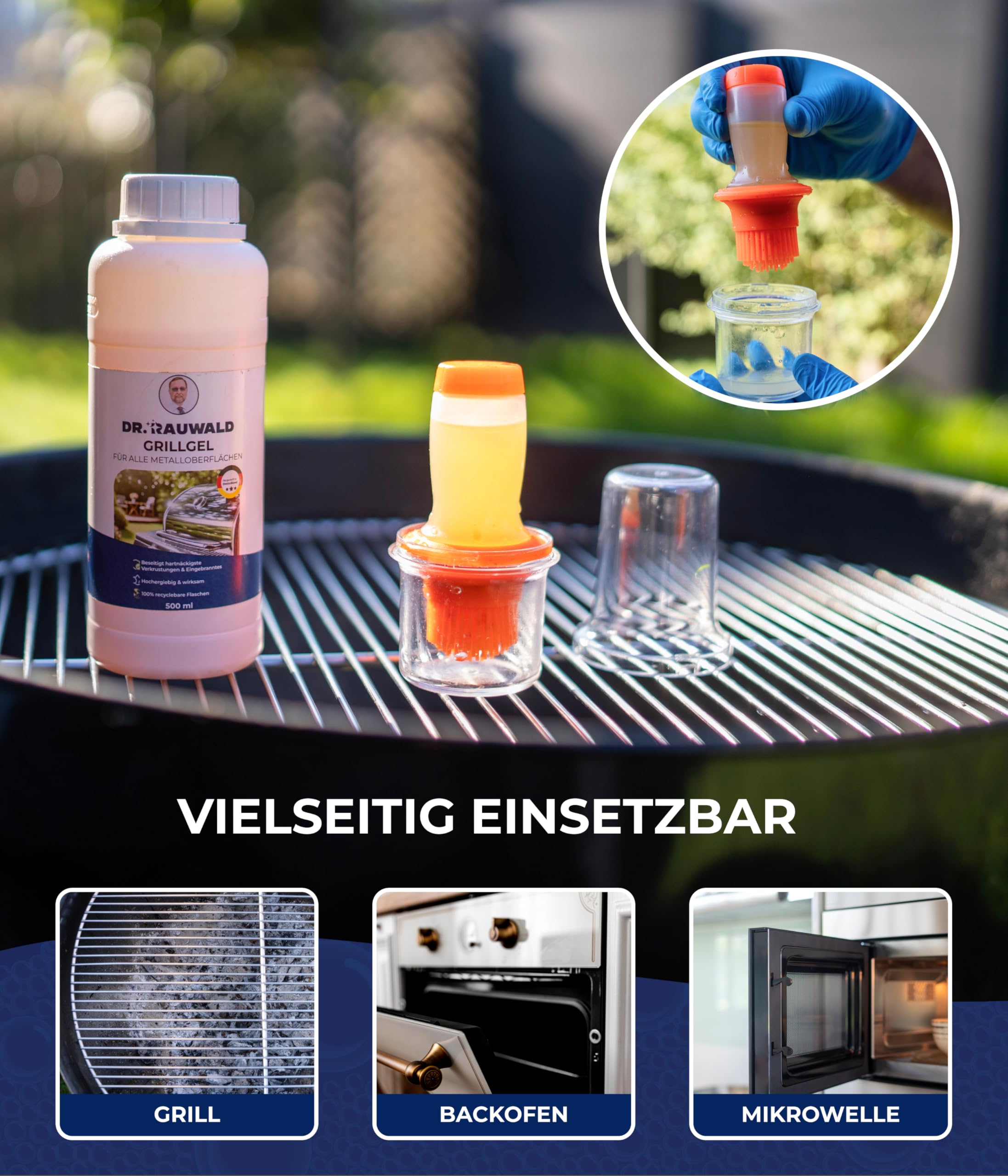 Charlott Dr. Rauwald Grillreiniger Gel 500ml Set mit Tank-Pinsel & Handschuhen | Haftendes Aktiv-Gel für Edelstahl & Gusseisen. Löst Eingebranntes. 4-tlg. Set inkl. Tank-Pinsel, Brille & Handschuhen.