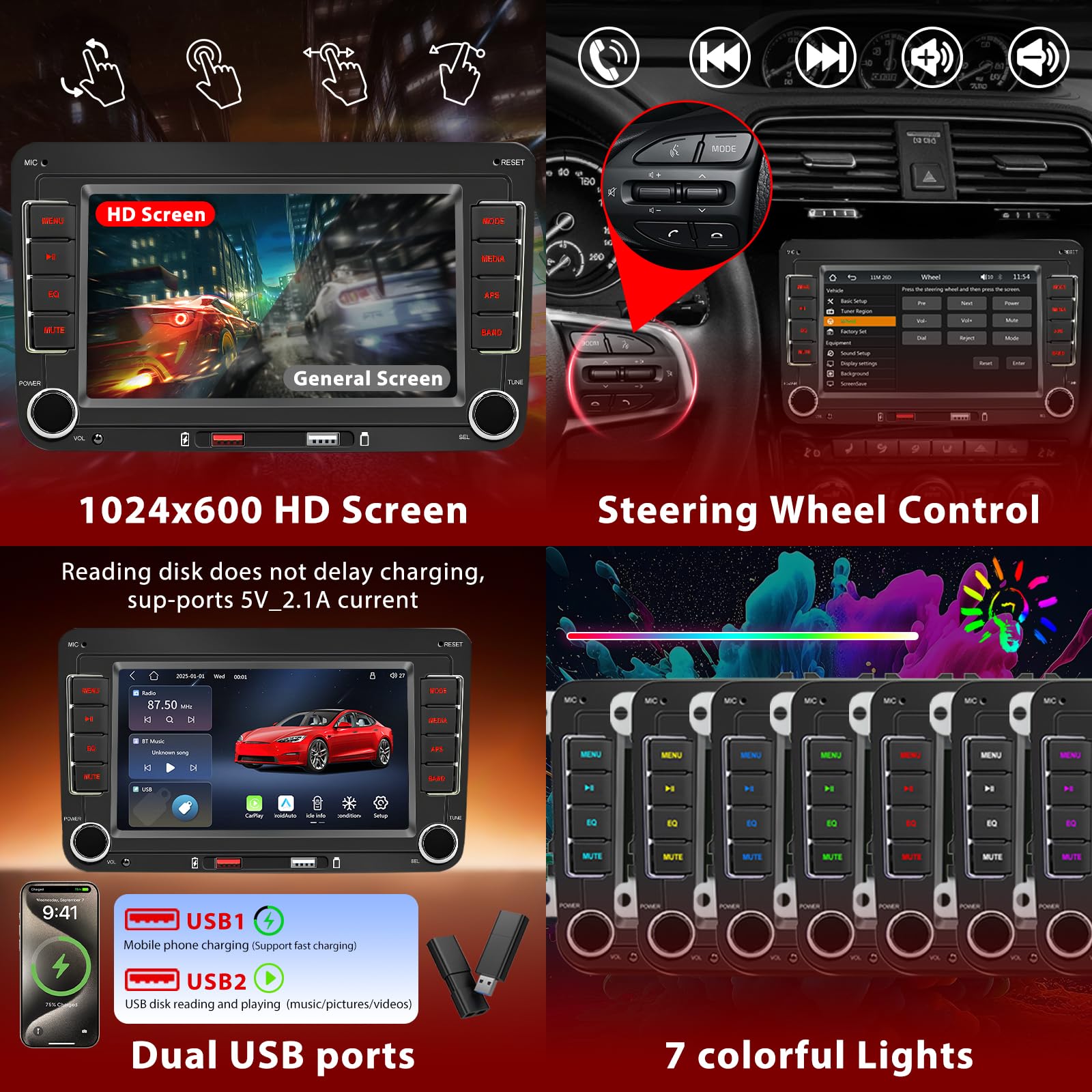 WERESOUND Autoradio Carplay Android Auto sans Fil pour Golf 5/6 Polo Passat | 7" IPS Ecran Radio pour VW Touran Skoda EOS Jetta Caddy, Bluetooth, Mirror Link, FM/AM/RDS, SWC, USB, Canbus