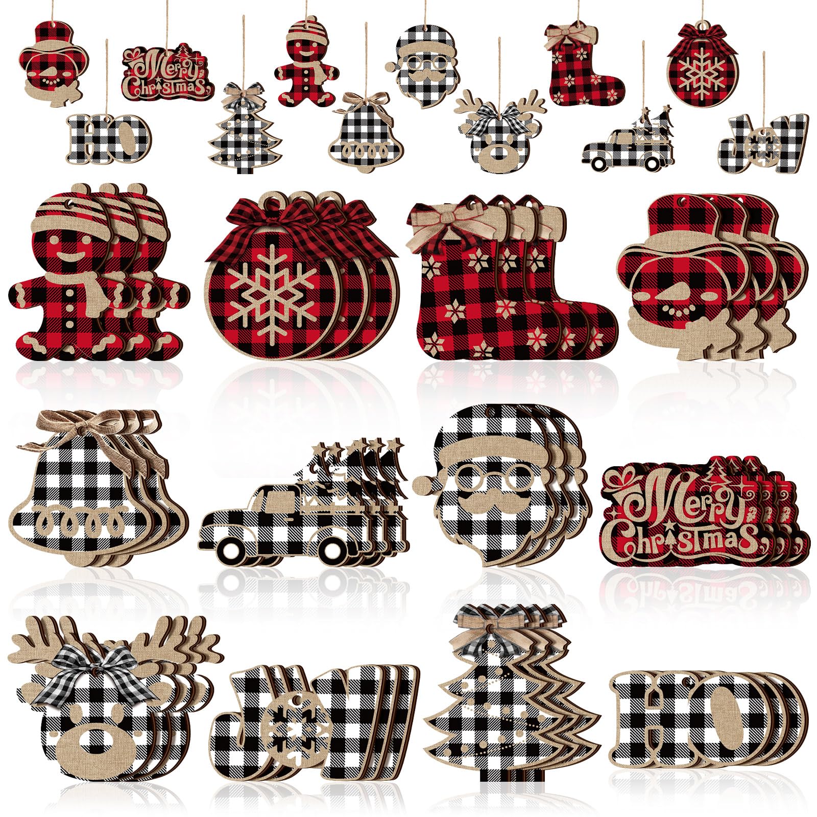36 Pieces Christmas Buffalo Plaid Hanging Ornaments Christmas Tree Wooden Hanging Decor Wooden Christmas Ornaments Snowflake Reindeer Snowman Plaid