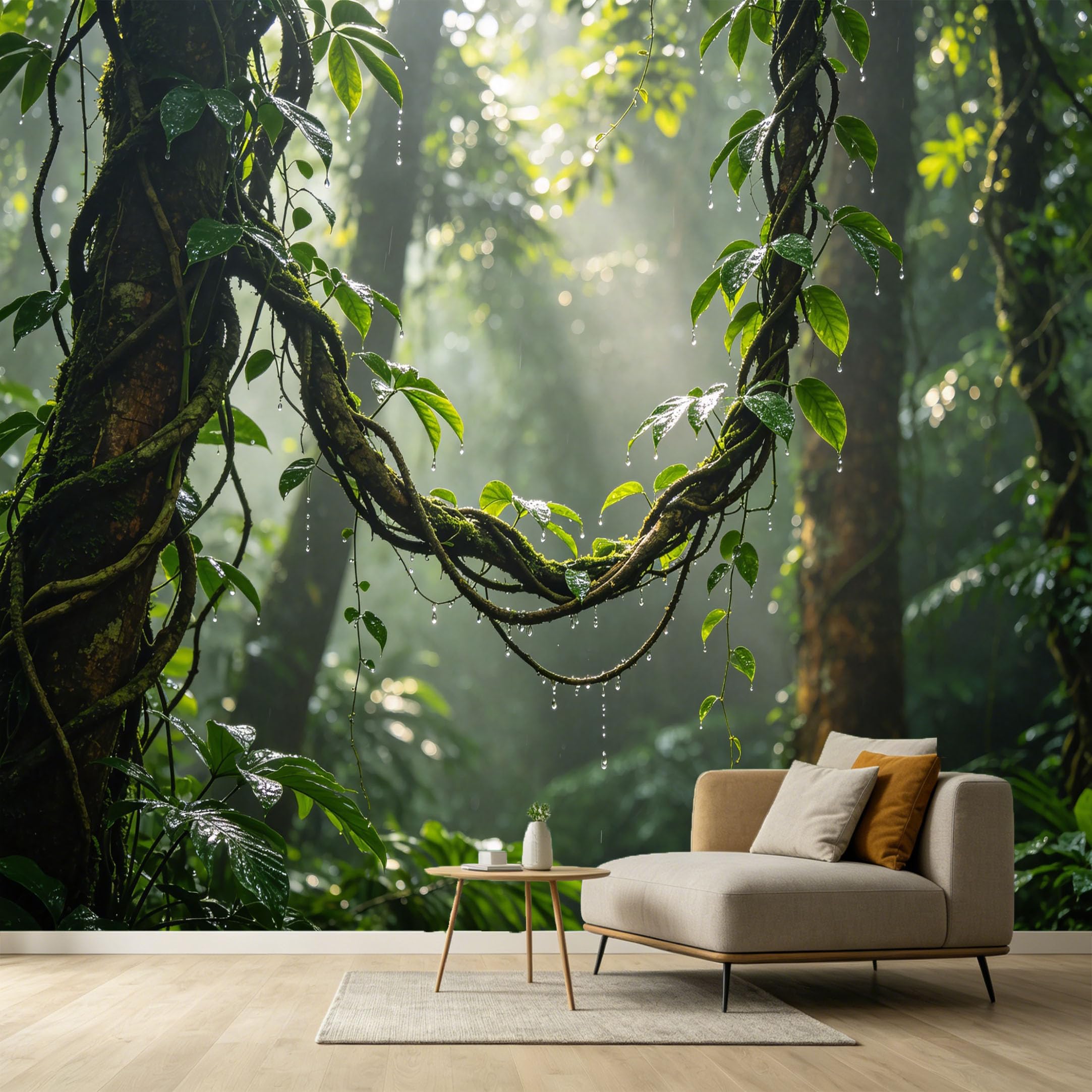 Custom Size Wall Murals Tropical Rainforest Botanical Vines Sunbeams Misty Morning Atmosphere SelfAdhesive Wall Fabric Removable Large Wallpaper for Photo Living Room