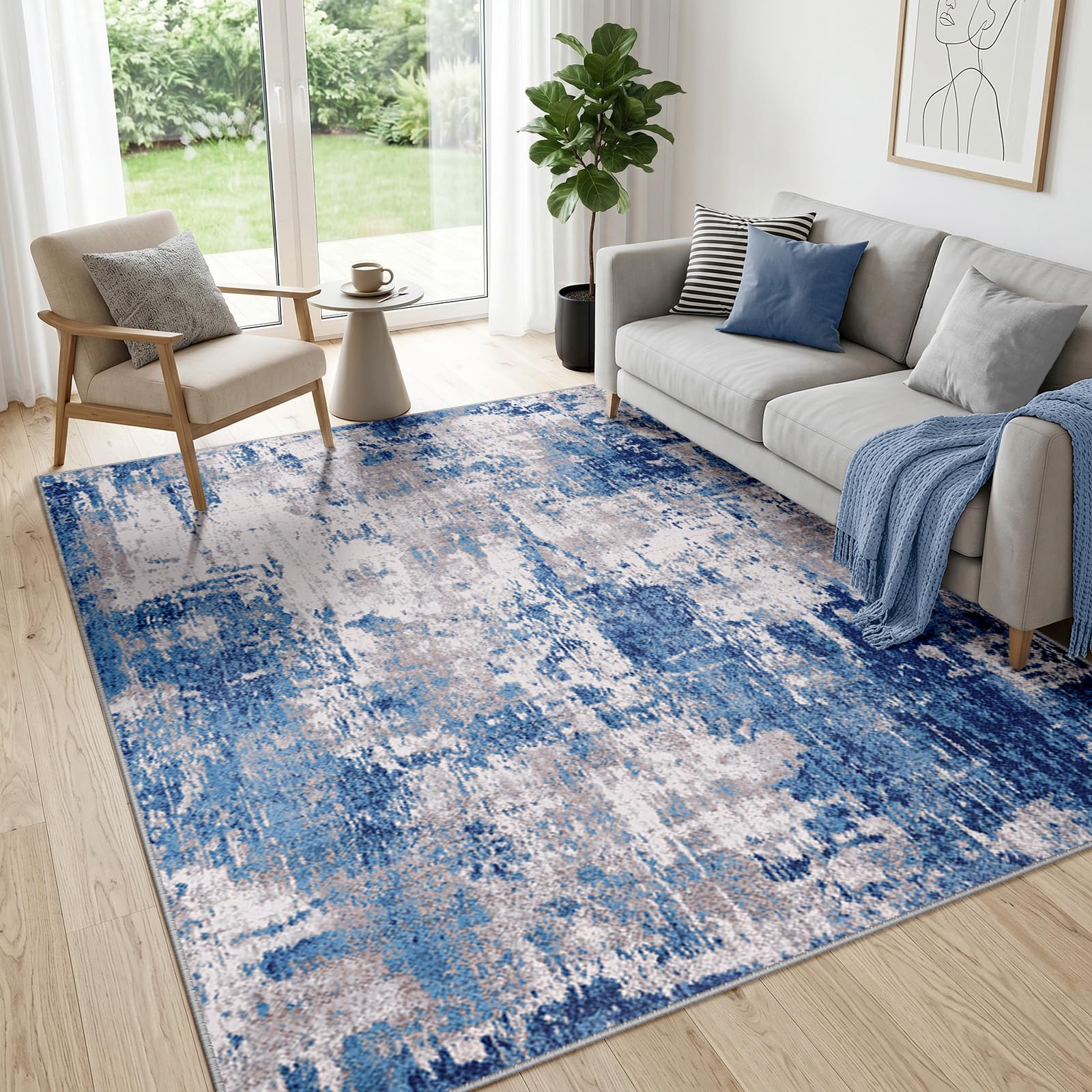 DEFYNEE Modern Abstract Rugs Living Room 150x210 cm Non-Slip Soft Low-Pile Washable Rug for Hallway, Bedroom, and Kitchen-Greyblue
