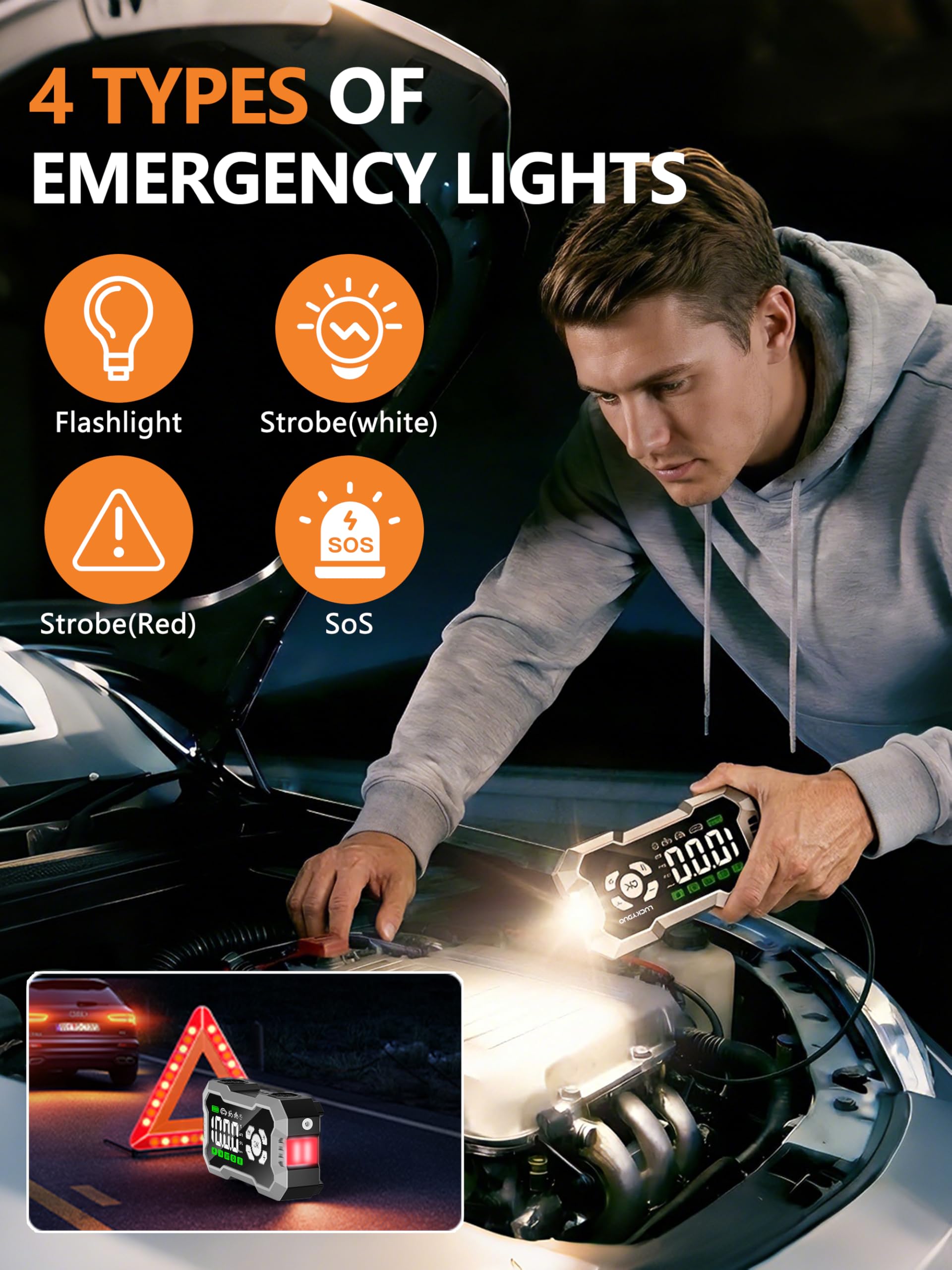 LUCKYDUO Arrancador 8000A con Compresor 160PSI, 20000mAh | Arrancador 2-en-1 con compresor 160PSI, 8000A, 4 modos, pantalla LED, 20000mAh, linterna LED 4 modos, kit completo
