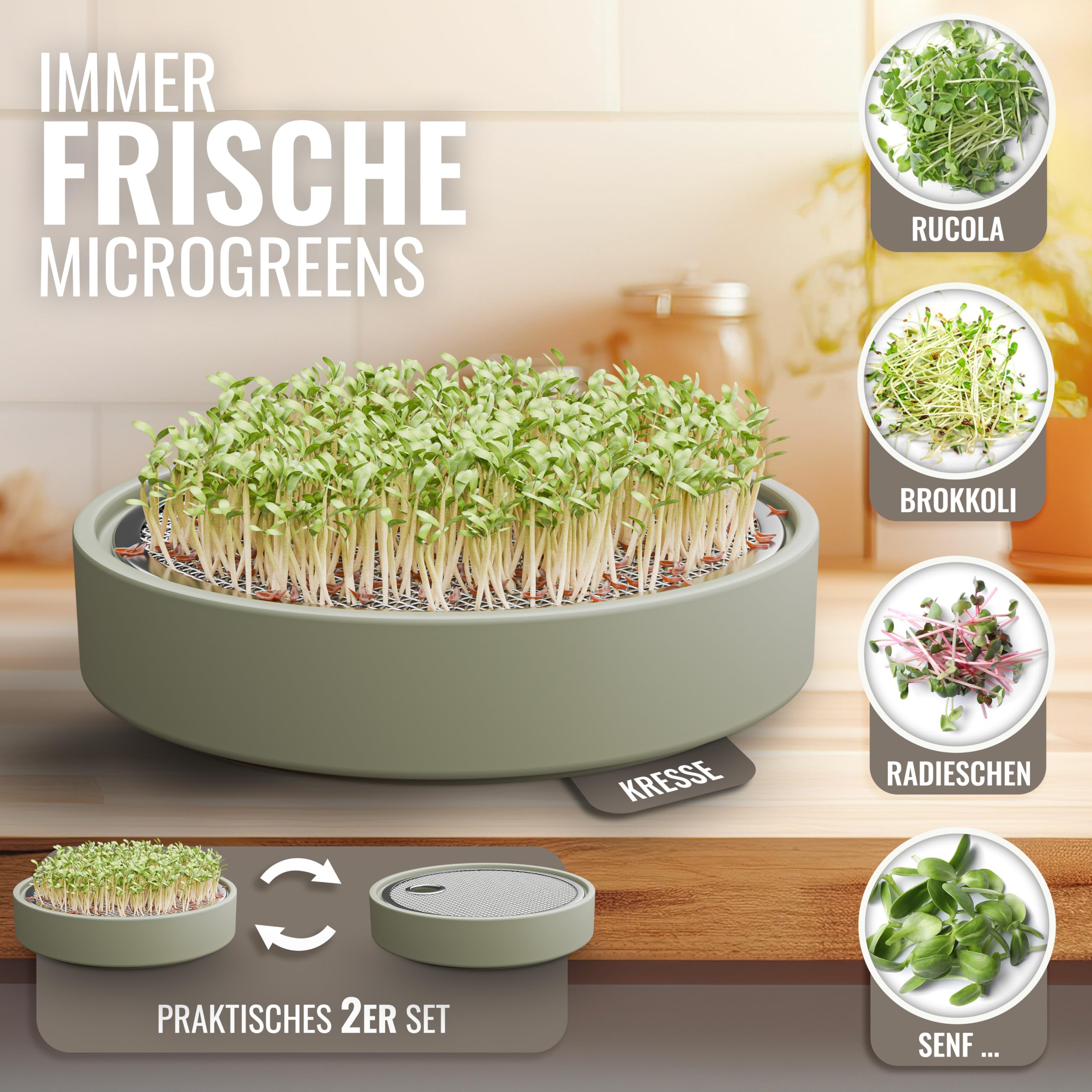 seed&eat Kressesieb (13cm) - 2er Set, Anzuchtschale für Kresse & Microgreens, mit Sprossenheft [E-Book], Keramikschale + Edelstahlsieb