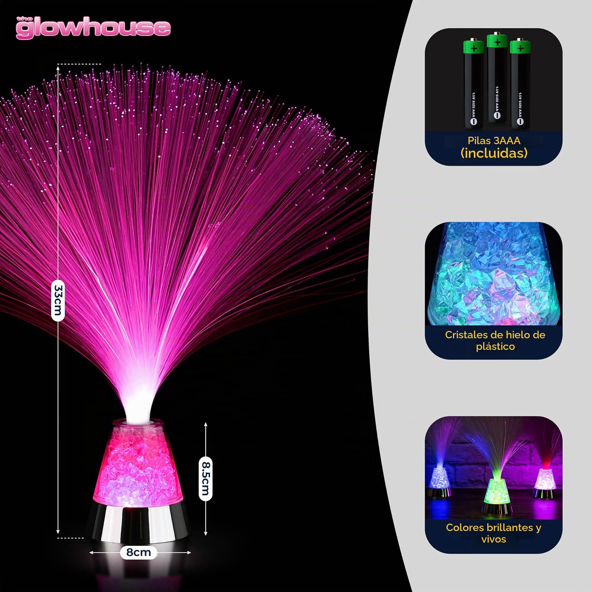 The Glowhouse Brand - Lámpara de fibra óptica cambiante (base de cristal, 33,02 cm, incluye pilas)