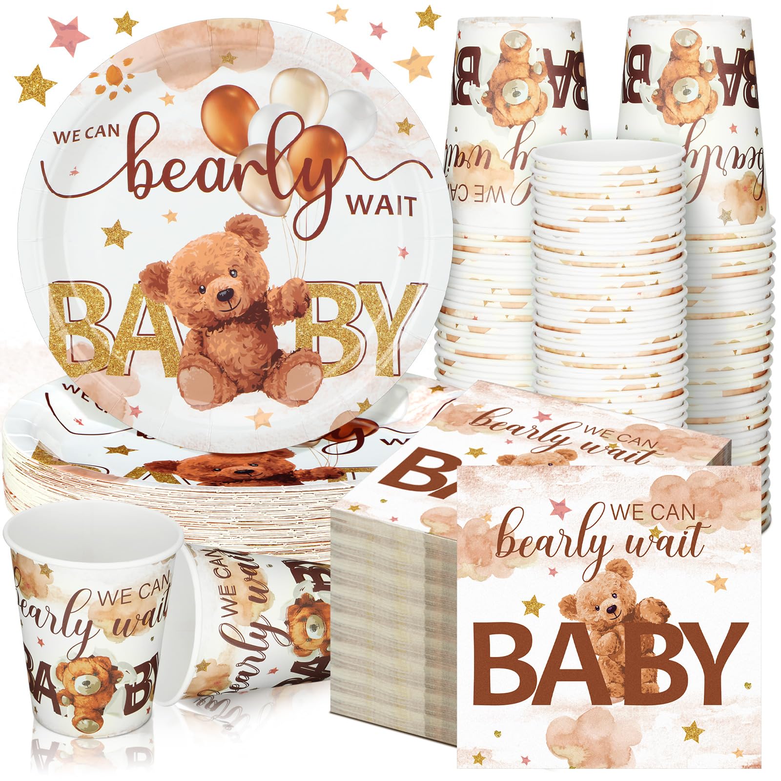 Hushee 200 Pcs Brown Bear Baby Shower Paper Plates Napkins Cups Baby Shower Party Supplies Tableware Set Brown Bear Disposable Cup Napkin for 50 Guest Spring Party Decoration