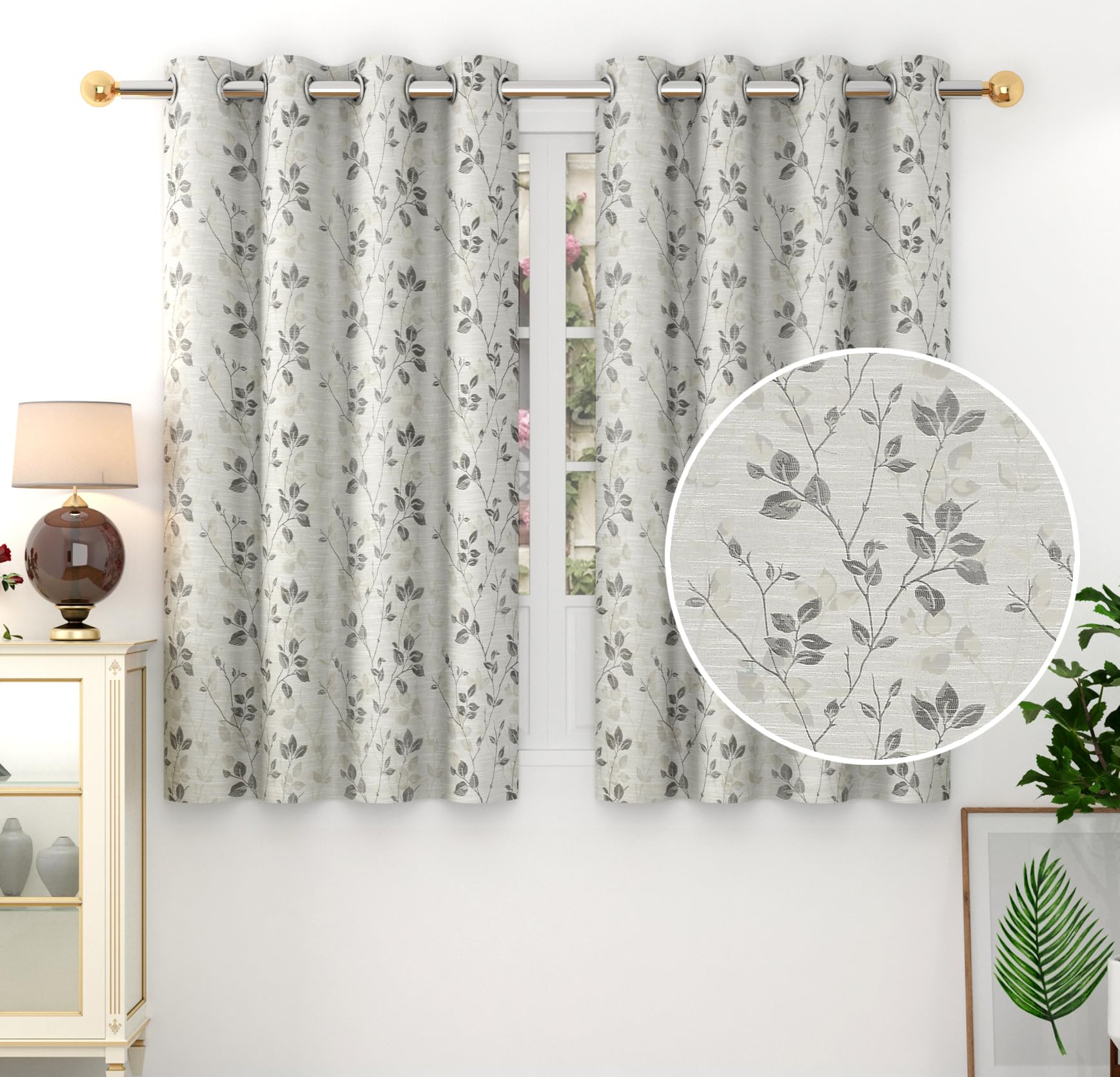 FRESH FROM LOOM Cotton Curtains 5 Feet Long Set of 2 Window Parda | Floral Room Darkening Curtains for Living Room Bedroom with Eyelets Ring Parde Screens (5ft, Leaf Grey, 2pc)-image-1