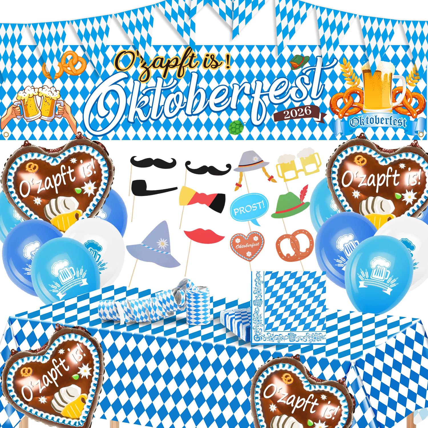 iZoeL XXL Oktoberfest Deko Set Banner Wimpelkette Folienballons Tischdeko | XXL Oktoberfest Deko Set, Banner, Wimpelkette, Tischdeko, Luftballons, Servietten Wiesn, Partydeko, Bierfest, Volksfest