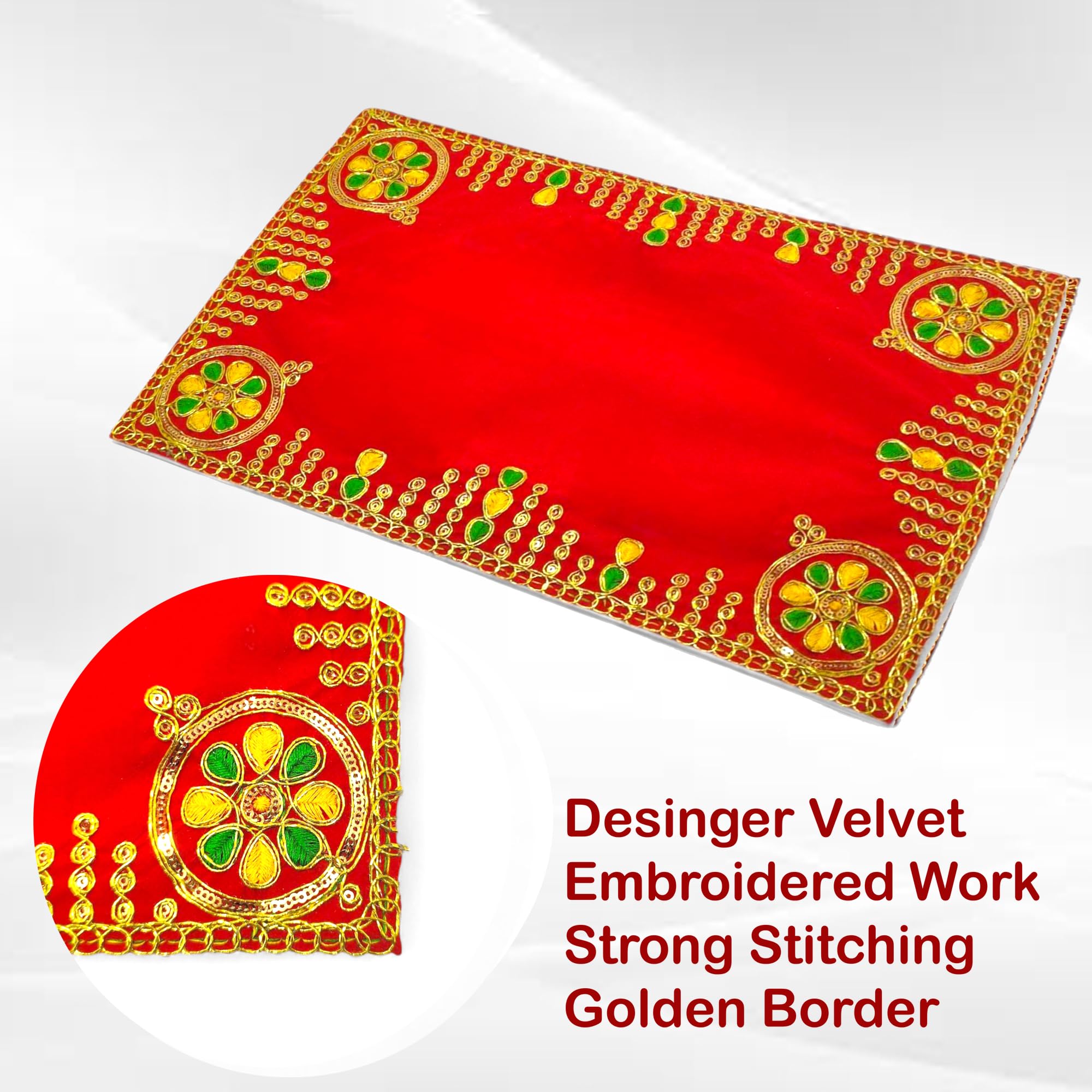 Achleshwar Designer Velvet Embroidered Pooja Aasan Cloth 8x10 inch RED | Chowki Aasan for God Idol | Mandir Table Altar Cover for Temple, Puja Shelf, Diwali Decoration Pack 0f 1 2