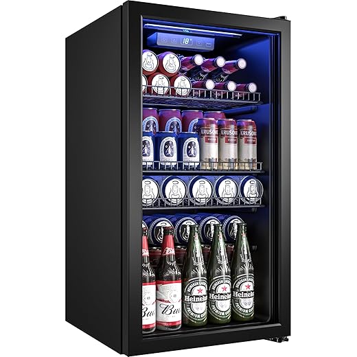 Manastin Beverage Refrigerator Cooler-130 Cans Freestanding Mini Fridge Cooler with Glass Door, Adjustable Shelves & Digital Temperature Display for Soda, Wine or Beer (Black, 3.2 Cu.Ft)
