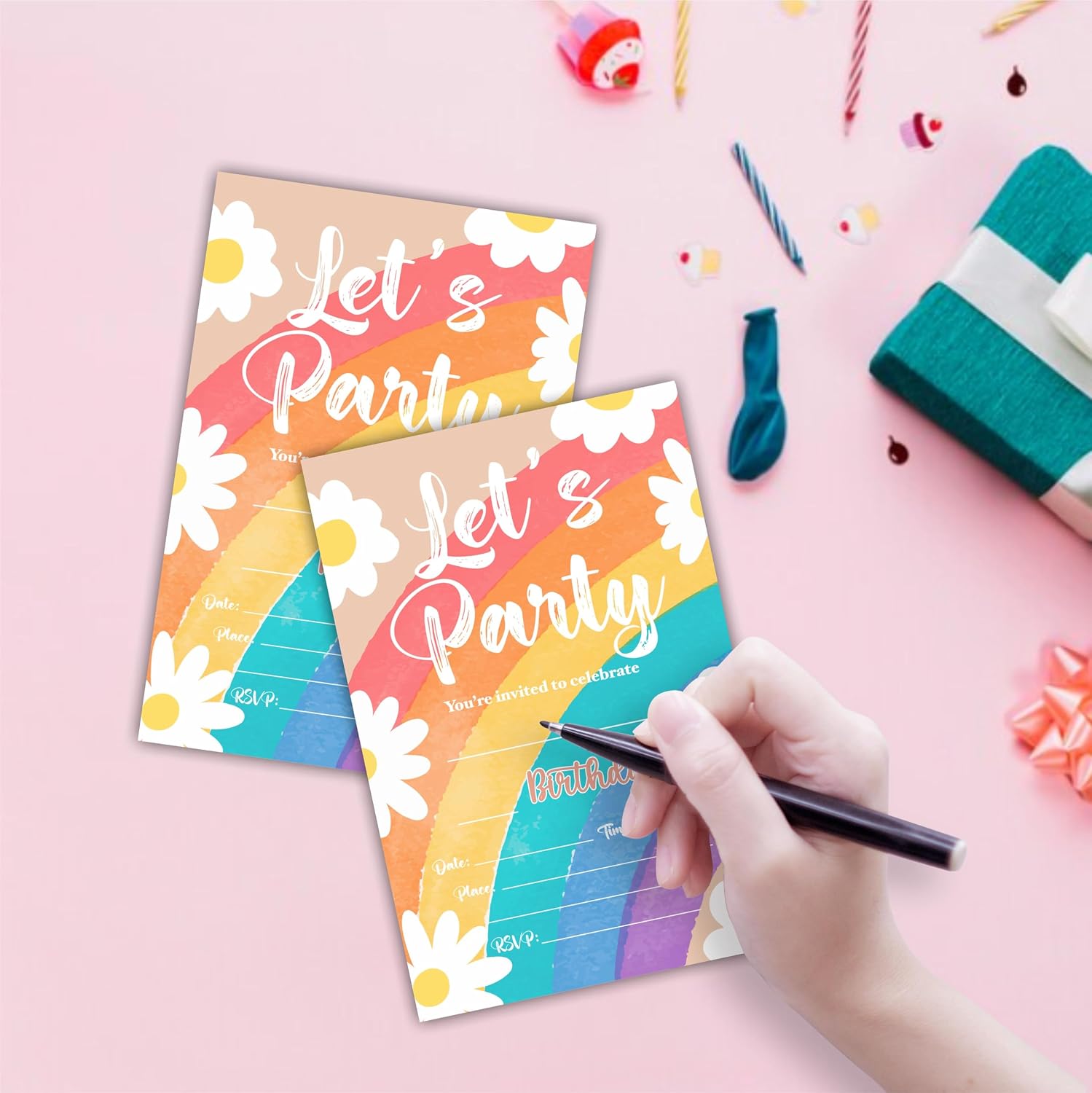 Rainbow Daisy Birthday Invitations, Party Invites For Kids, Teens,Adults, Birthday Celebration, Party Supplies & Decorations (20 Cards & Envelopes) - A08