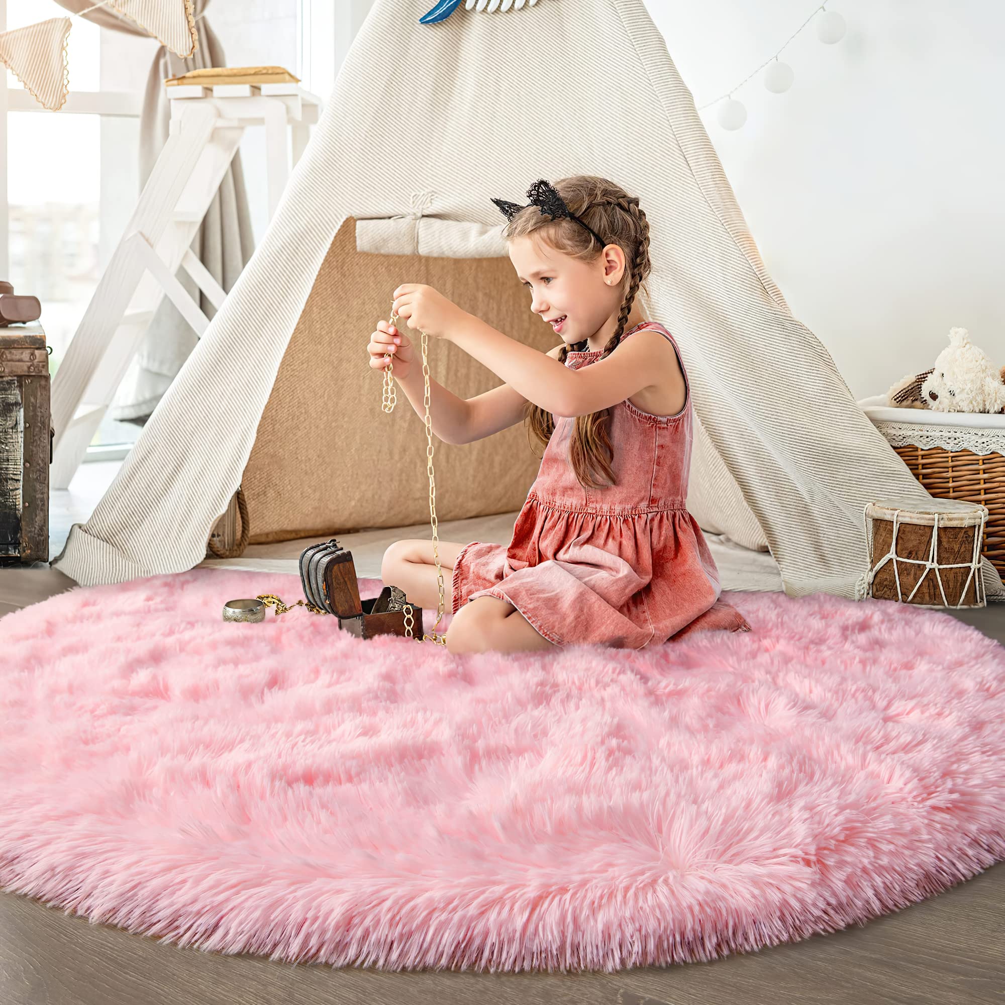 VOFUSHON Slaapkamer shaggy pluche rond tapijt, kleurrijk, batik kleed, kunstwollen, modern binnentapijt, hoogpolig, behaaglijke bont-look, vloerkleed voor bij het bed of de bank, bruin, 150 cm (rond