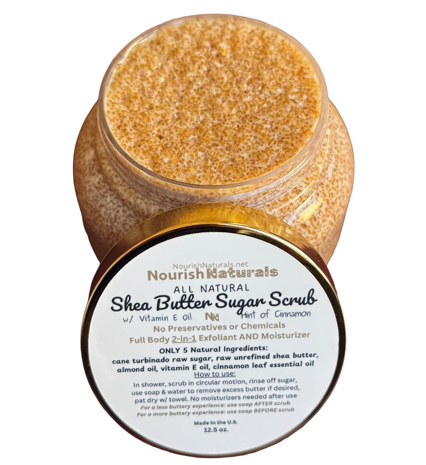 NourishNaturals Shea Butter Sugar Scrub, 2-in-1 All Natural Full Body Exfoliant and Moisturizer, 5 Simple Ingredients for Full Body Care, Nontoxic, Winter Shower Scrub, Cinnamon Oil