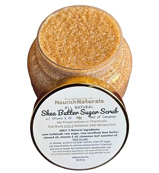 Shea Butter Sugar Scrub, 2-in-1 All Natural Full Body Exfoliant and Moisturizer, 5 Simple Ingredients for Full Body Care, Nontoxic, Winter Shower Scrub, Cinnamon Oil