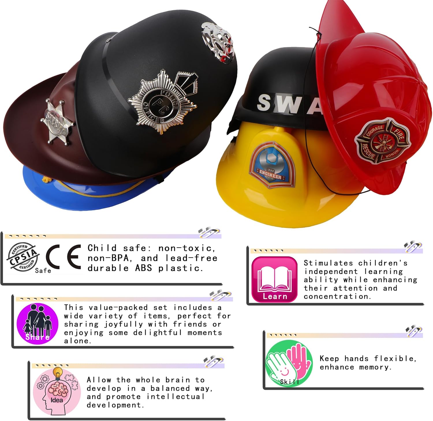 6 Pcs Plastic Helmets Hats Set including Police SWAT Engineer Firefighter British Cop Cowboy for Pretend Play Dress Up