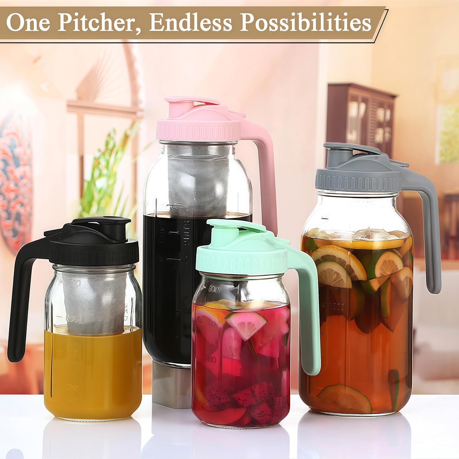 Blue 2 pack 64oz Glass Pitcher with Handle and Lid, 2 Quart Mason Jar Pitcher - Airtight & Leakproof Water Jug with Pour Spout Lid, Glass Containers for Fridge, Perfect for Juice, Cold Brew, Iced Tea
