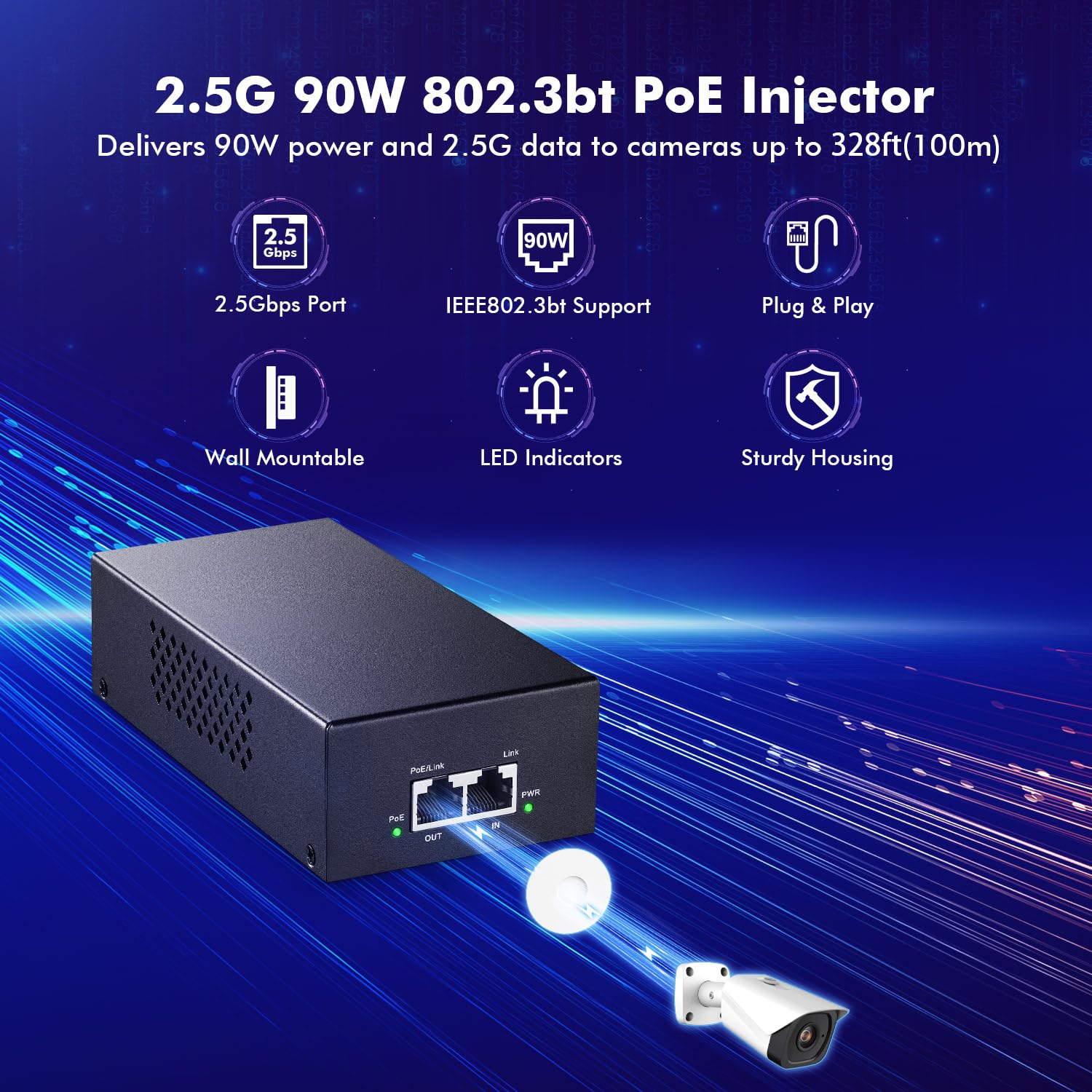 MokerLink Inyector PoE de 2.5 Gigabit, 802.3af/at/bt 90W, 2.5G/1G/100M Ethernet, Plug & Play, adaptador no PoE a PoE, carcasa de metal, distancia de hasta 100 metros