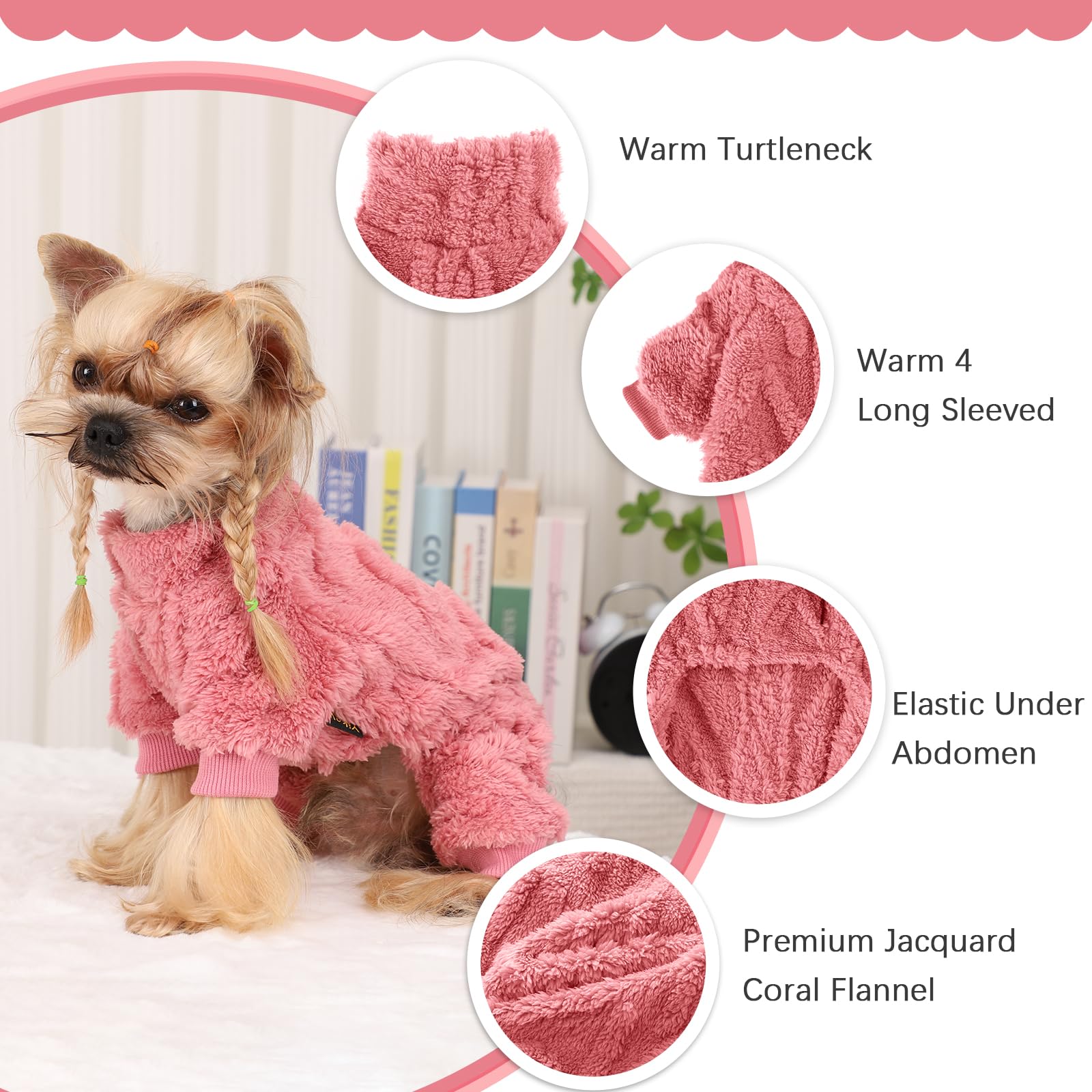Dog Fleece Sweater, Winter Warm Small Dog Clothes for Girls Boy, Pet Stretchy Jumpsuit Pajamas, Turtleneck Puppy Sweaters with 4 Legged(Rose Pink, XS)