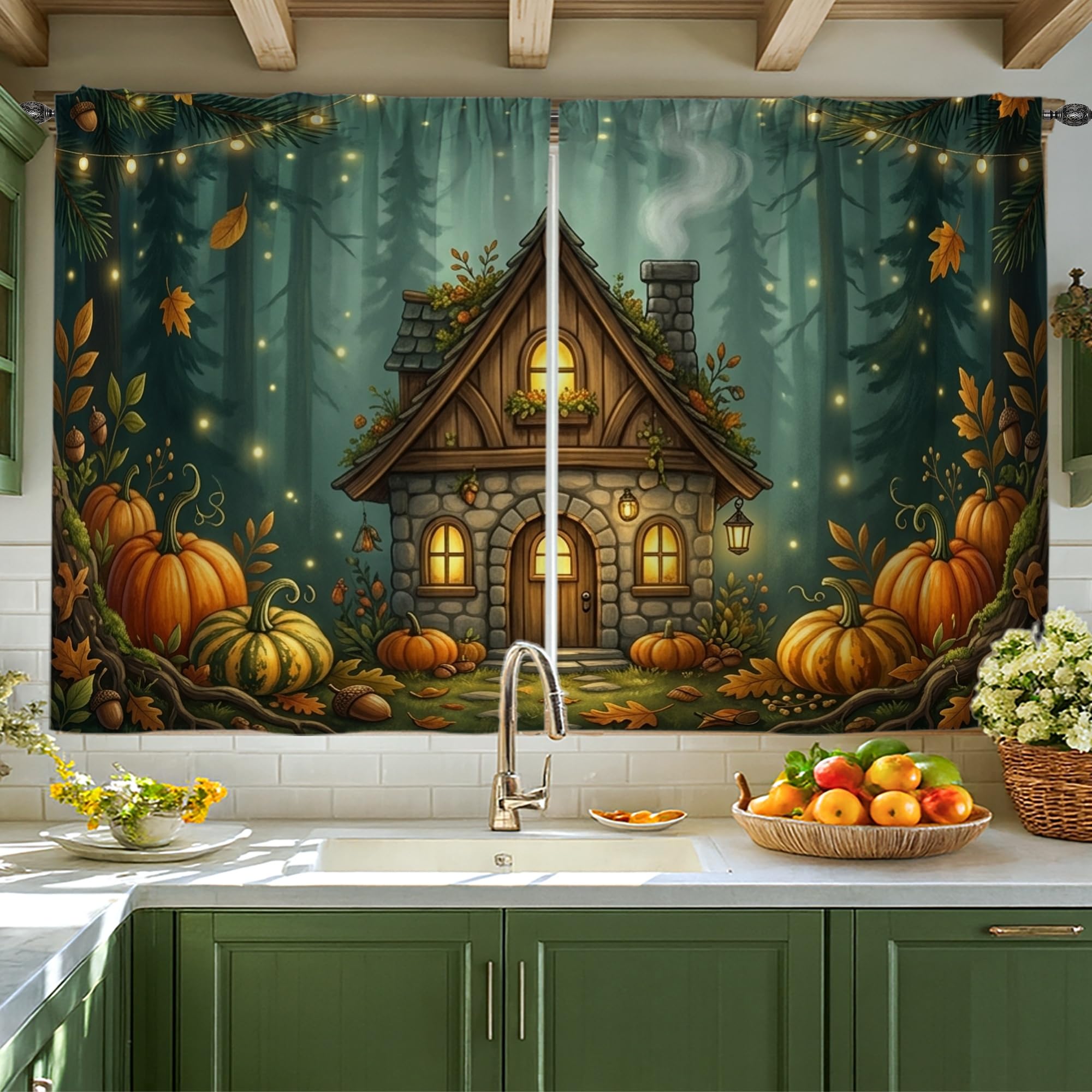 Rideaux courts de cuisine motif citrouilles automne pour habiller votre évier