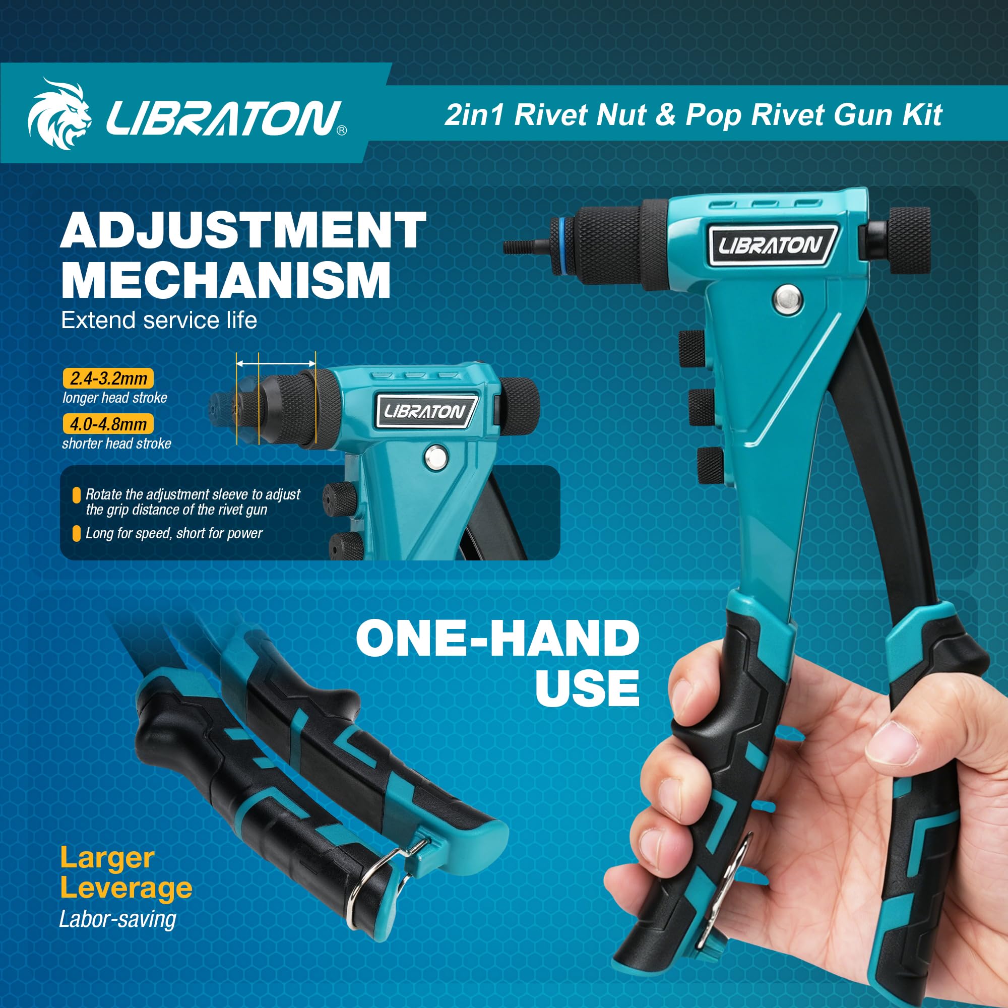 LIBRATON Kit de Remachadora de Tuercas y Remaches 2 en 1, con 4 Mandriles (M3-M6), 4 Boquillas (2.4-4.8mm), 40 Tuercas y 200 Remaches, Remachado Ajustable para Bricolaje y Reparaciones, con Caja