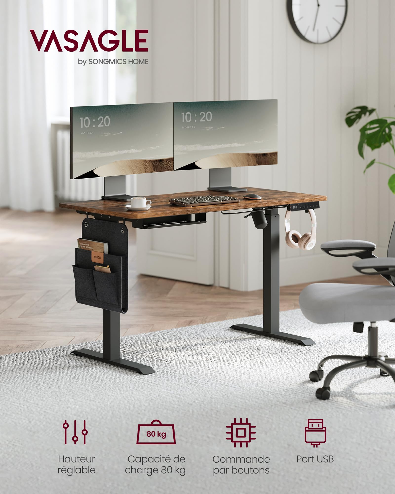 VASAGLE Bureau Assis-Debout, Bureau Électrique Réglable en Hauteur, 60 x 120 x (72-120) cm, Réglage en Continu, Fonction Mémoire 4 Hauteurs, Marron Rustique LSD172X01V01