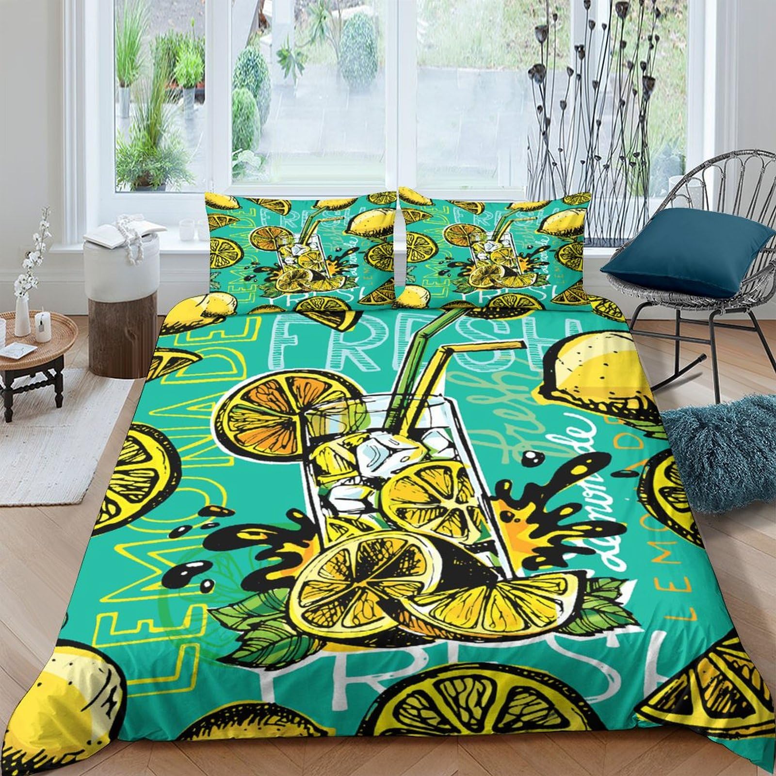 Housse de couette Citron 3D King en microfibre premium parure de lit 3 pièces zippée