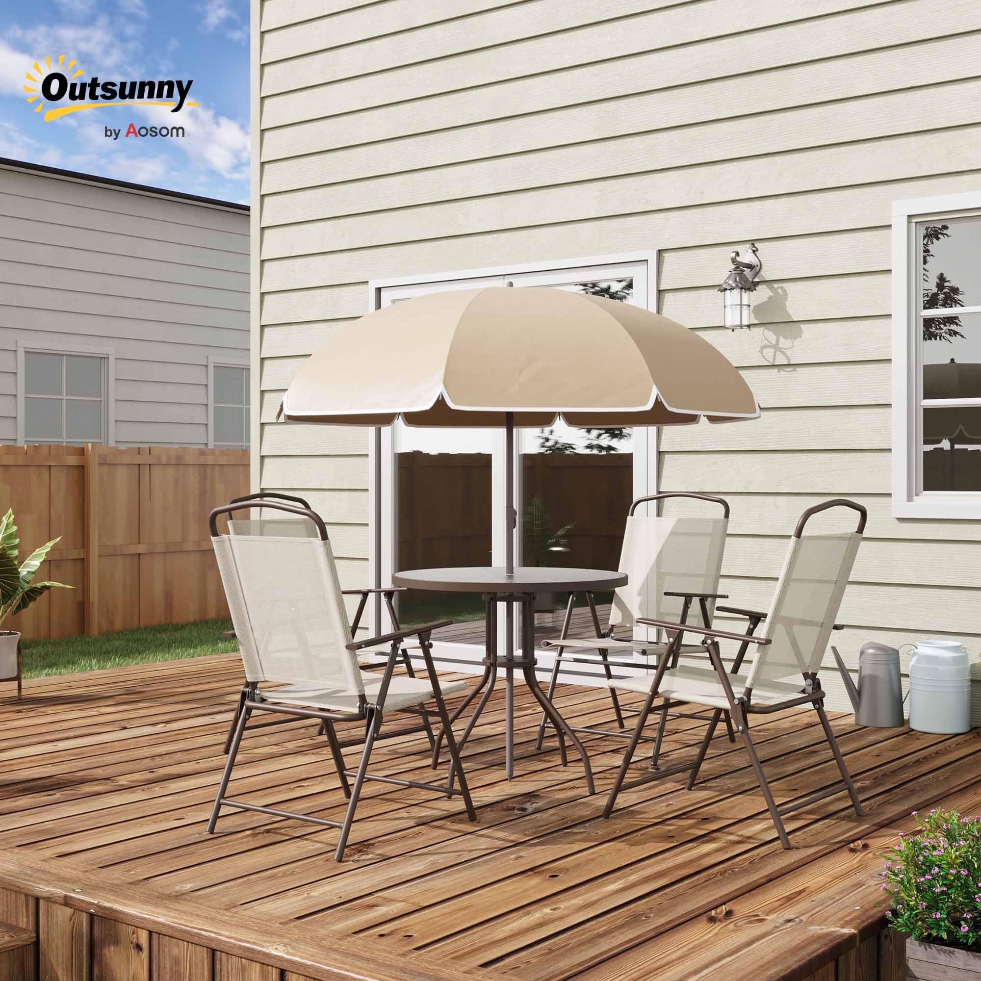 Outsunny Salon de Jardin 6 pièces Table Ronde Chaises Pliables Parasol Acier époxy Polyester Beige