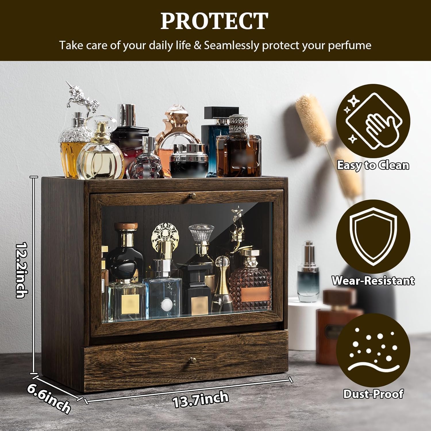 Estante de almacenamiento de colonia para hombre, organizador de perfume de tocador masculino de madera maciza, espacioso soporte de colonia a prueba de polvo con cajón, regalo perfecto para seres