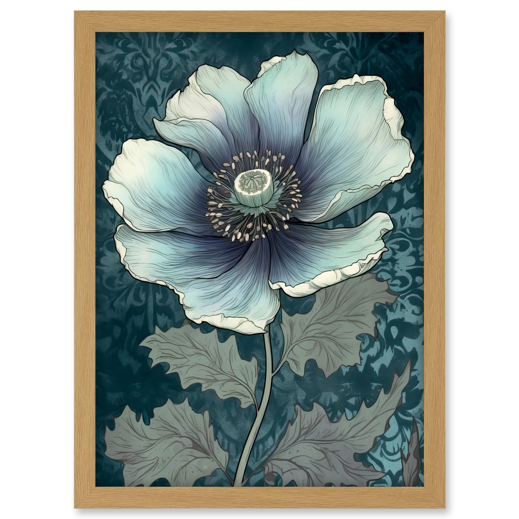 Artery8 Anemone Flower Bloom Teal Blue Watercolour Artwork Framed A3 Wall Art Print