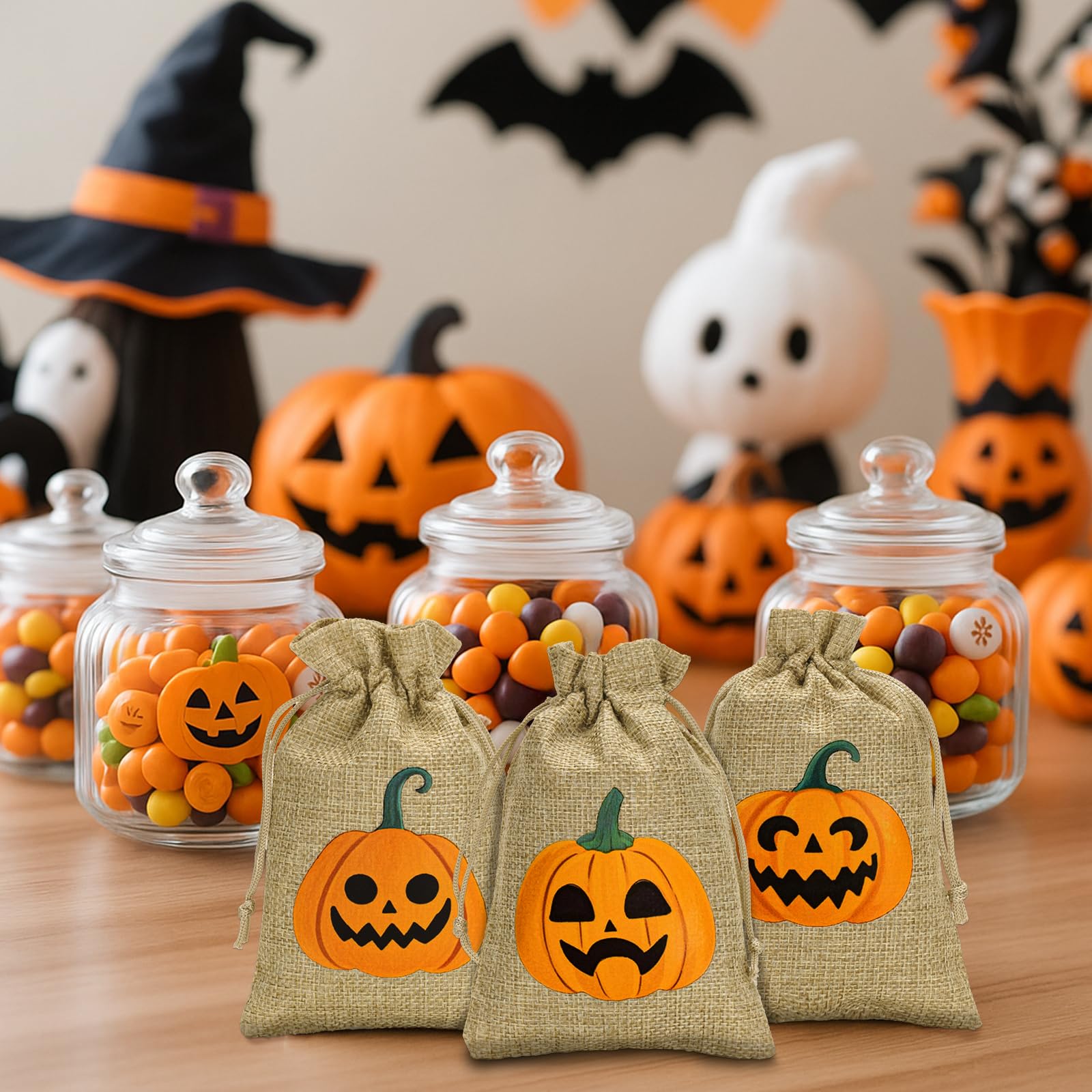 G2PLUS 24PCS Halloween Burlap Gift Bags, 10x15cm Treat Bags with Ghost Tags, Pumpkin, 10 x 15 cm - Image 5