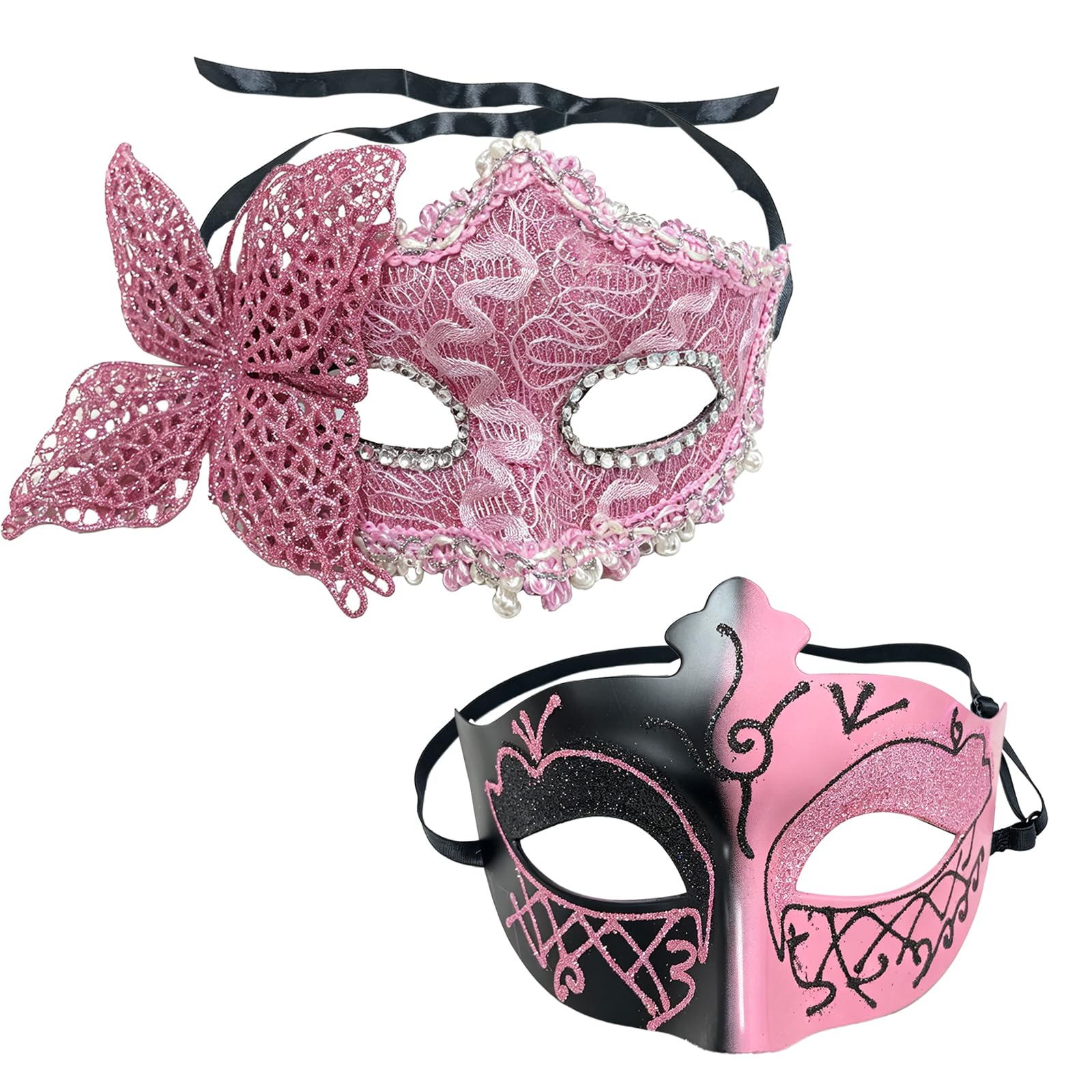 VEINARDYL 2 pcs Couple's Masquerade Masks, Men Women's Venetian Mask for Ball Party Masquerade Sexy Eye-mask Costume - Pink