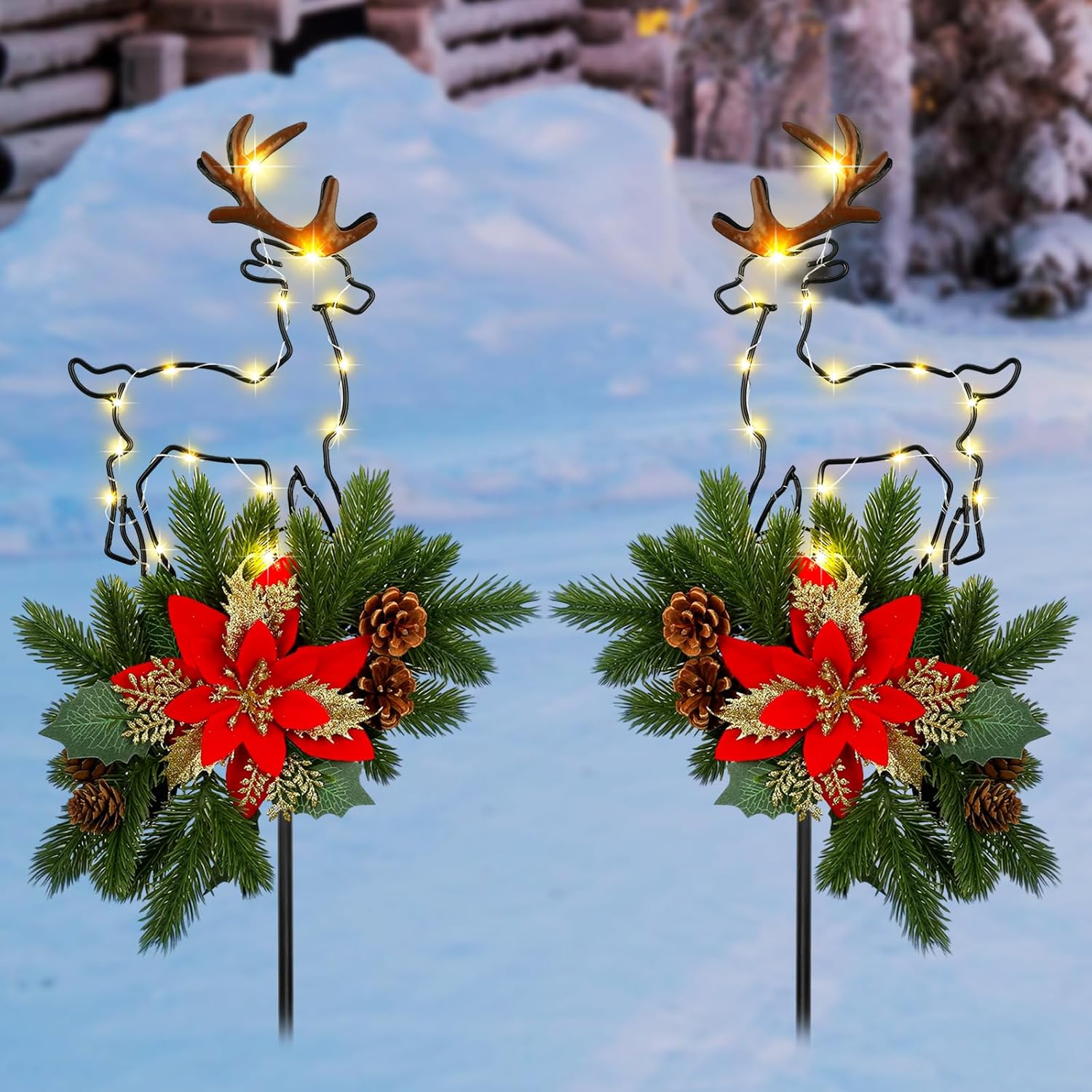 Ganeen 2 Pcs Solar Stake Christmas Outdoor Decorations Garden Stake Decor LED Cemetery Grave Decoration Christmas Reindeer Stakes for Garden Lawn Yard (Reindeer)