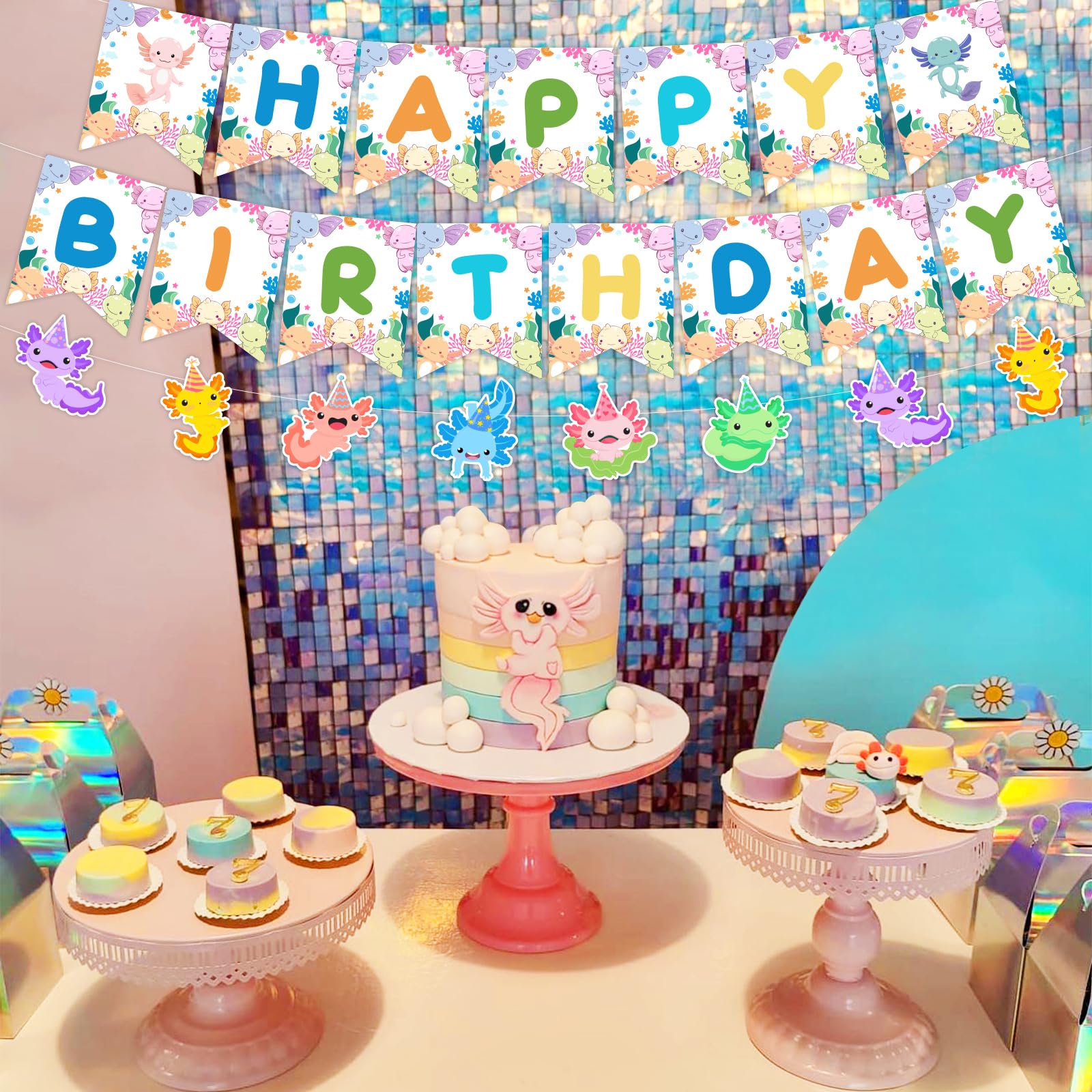 Balterever Axolotl Happy Birthday Banner & Garland - Kids Birthday Party Decorations, 1st 2nd 3rd Birthday - View #9