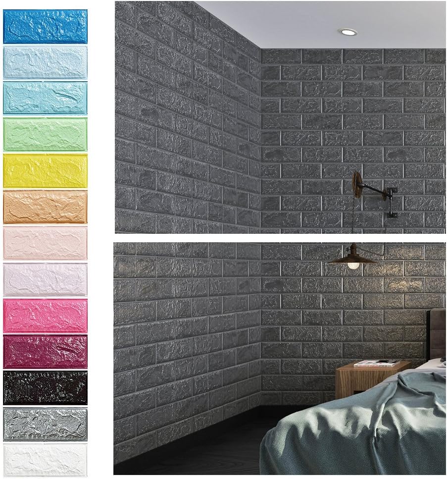 15pcs KINLO 77 x 70 cm 3D Brick Wallpaper Brick Pattern Wall Stickers PE Foam DIY Wall Sticker Self-Adhesive Wall Panels Waterproof Art Wall Tiles for Bedroom Living Room (Silver Gray)
