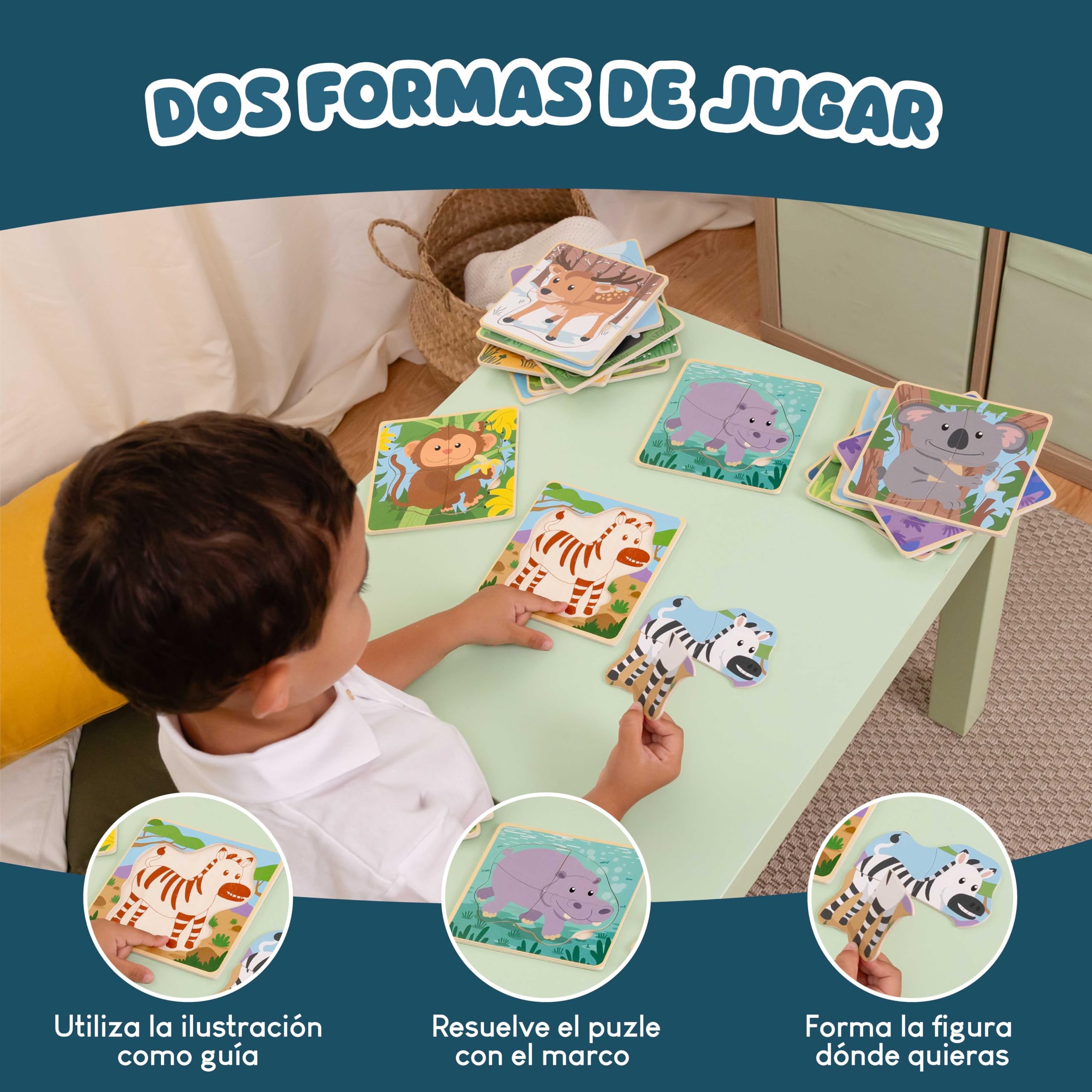 BONNYCO Pack 16 Puzzle Madera de 4 Piezas para Regalos Cumpleaños Niños Colegio 1 a 5 Años. Ideas Detalles Invitados, Juguetes Infantiles y Juegos Rompecabezas para Bebés Guardería