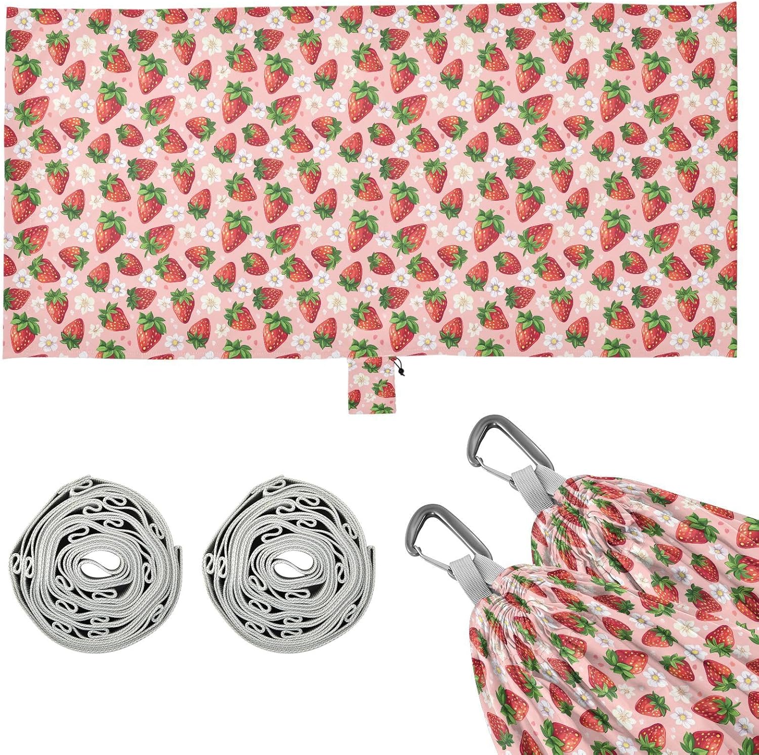 ALAZA Strawberry Daisy Pink Camping Hammocks Single or 2 Person 500 lbs Portable Parachute Travel Hammock w/Tree Straps for Hiking Backpacking Indoor Outdoor