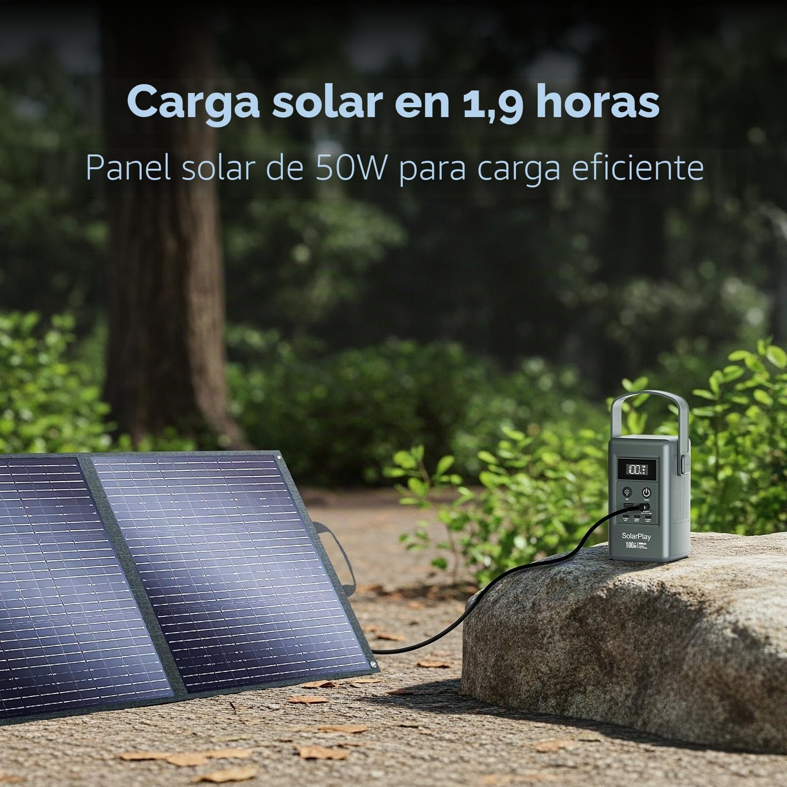 SolarPlay Q100 Generador de Energía con Carga Rápida 100W,Estación de Energía Portátil 96.2Wh/2600mAh,4 Puertos (3×USB-C & 1×USB-A), Entrada Solar 50W, Power Bank para Portátil, Acampada