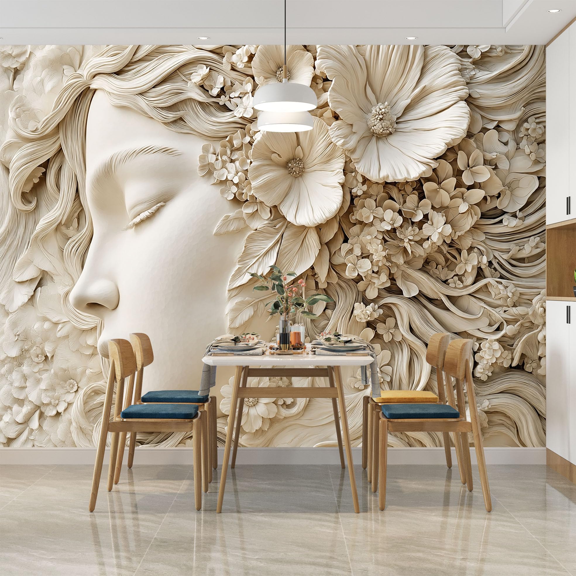 Grande Murale 3D Con Volto Femminile In Rilievo E Fiori 265X280 Cm (Lxa) Carta Da Parati Di Lusso Con Volto Femminile In Rilievo E Motivo Floreale In Tessuto Non Tessuto Ideale Per Camera Da Letto S
