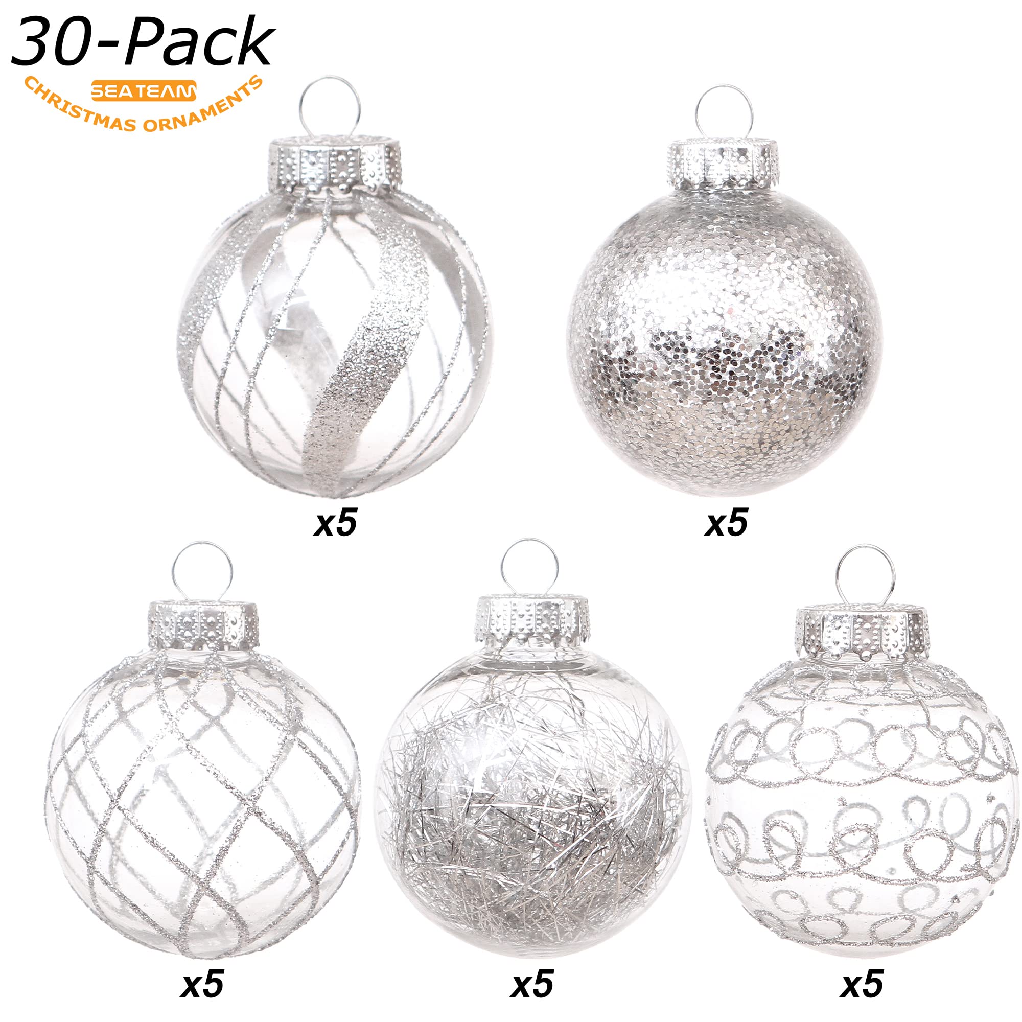 Sea Team 60mm/2.36" Shatterproof Clear Plastic Christmas Ball Ornaments Set with Glitter Painting, Transparent, See-Through, Crystal Baubles, Xmas Tree Decorations (30 Counts, Silver) - Image 2