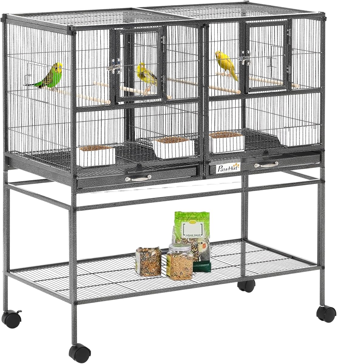 PawHut Divided Breeder Bird Cage with Rolling Stand Removable Metal Tray | Storage Shelf, Wood Perch, Food Container
